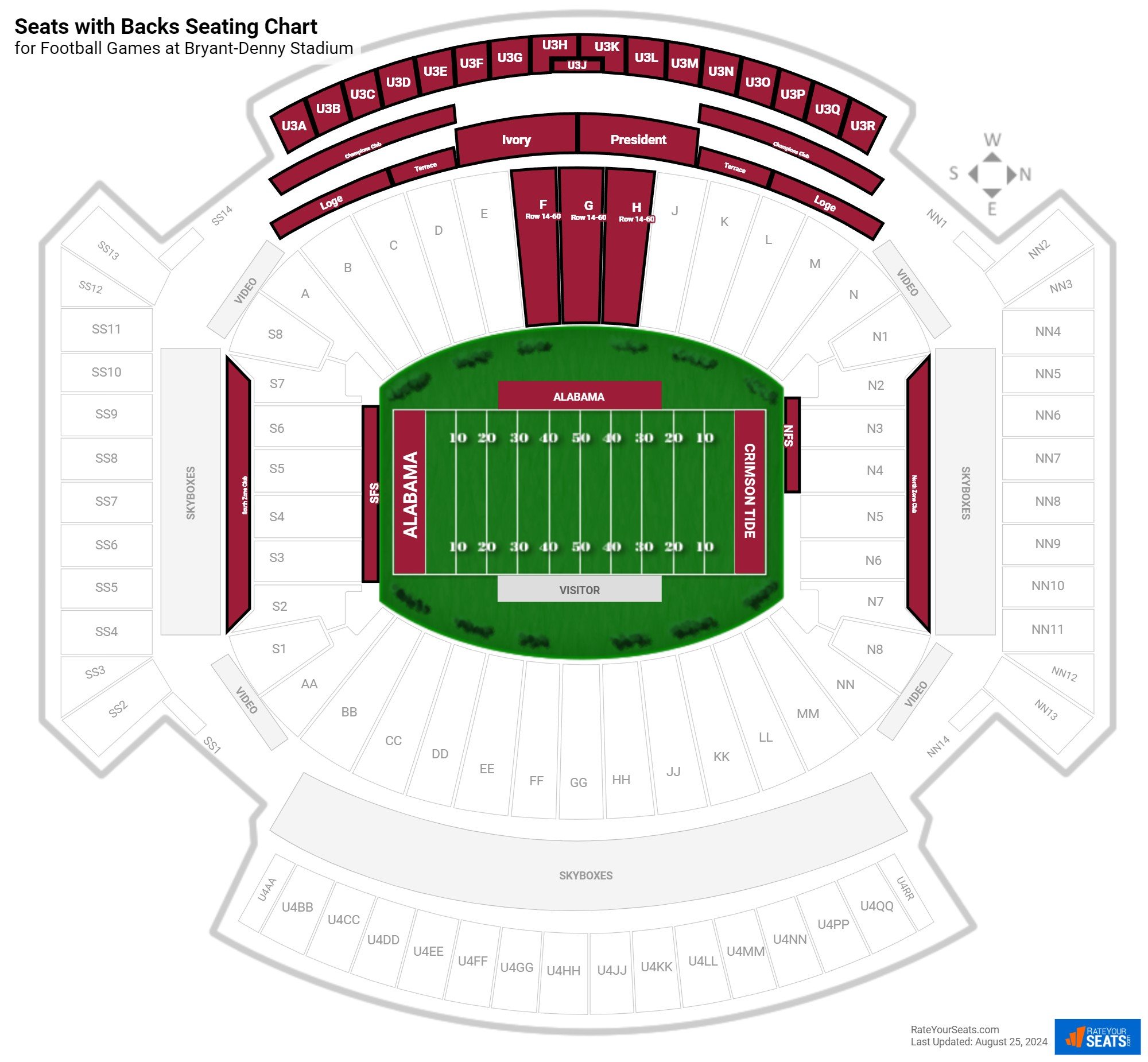 click to enlarge Football Seats with Backs Seating Chart at Bryant-Denny Stadium