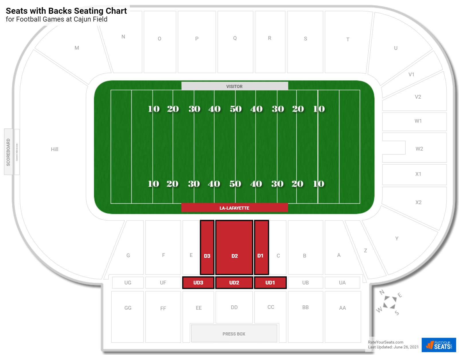 Football Seats with Backs Seating Chart at Cajun Field