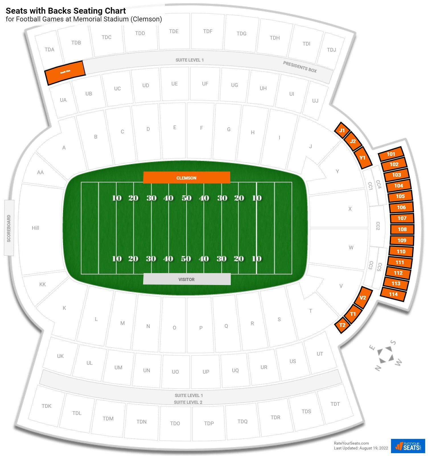 Football Seats with Backs Seating Chart at Memorial Stadium (Clemson)