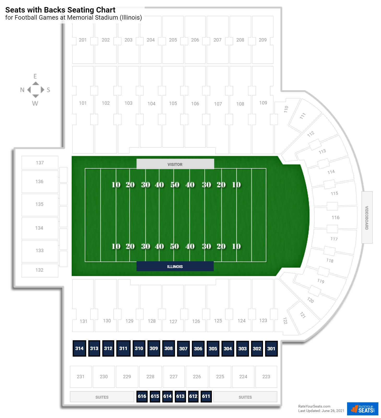Football Seats with Backs Seating Chart at Memorial Stadium (Illinois)