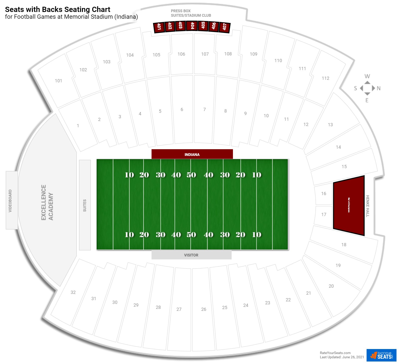 Football Seats with Backs Seating Chart at Memorial Stadium (Indiana)