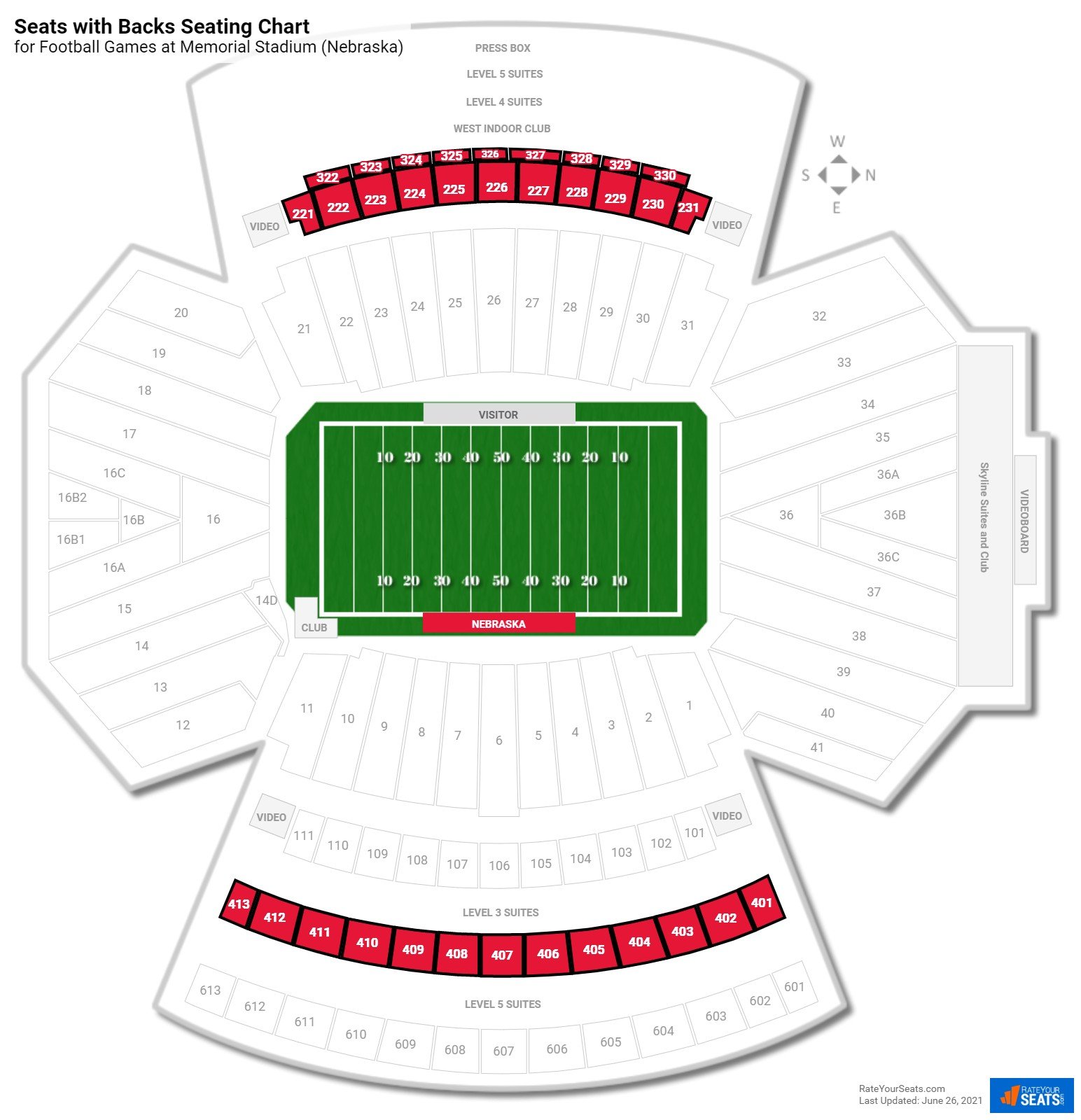 Football Seats with Backs Seating Chart at Memorial Stadium (Nebraska)