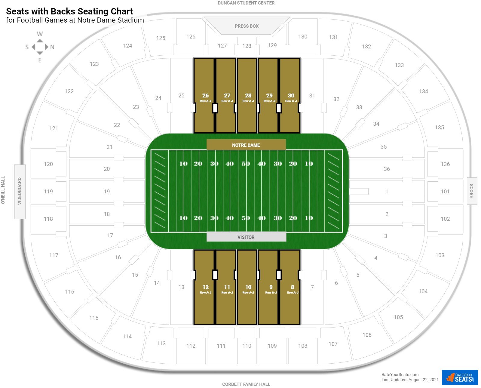 Football Seats with Backs Seating Chart at Notre Dame Stadium