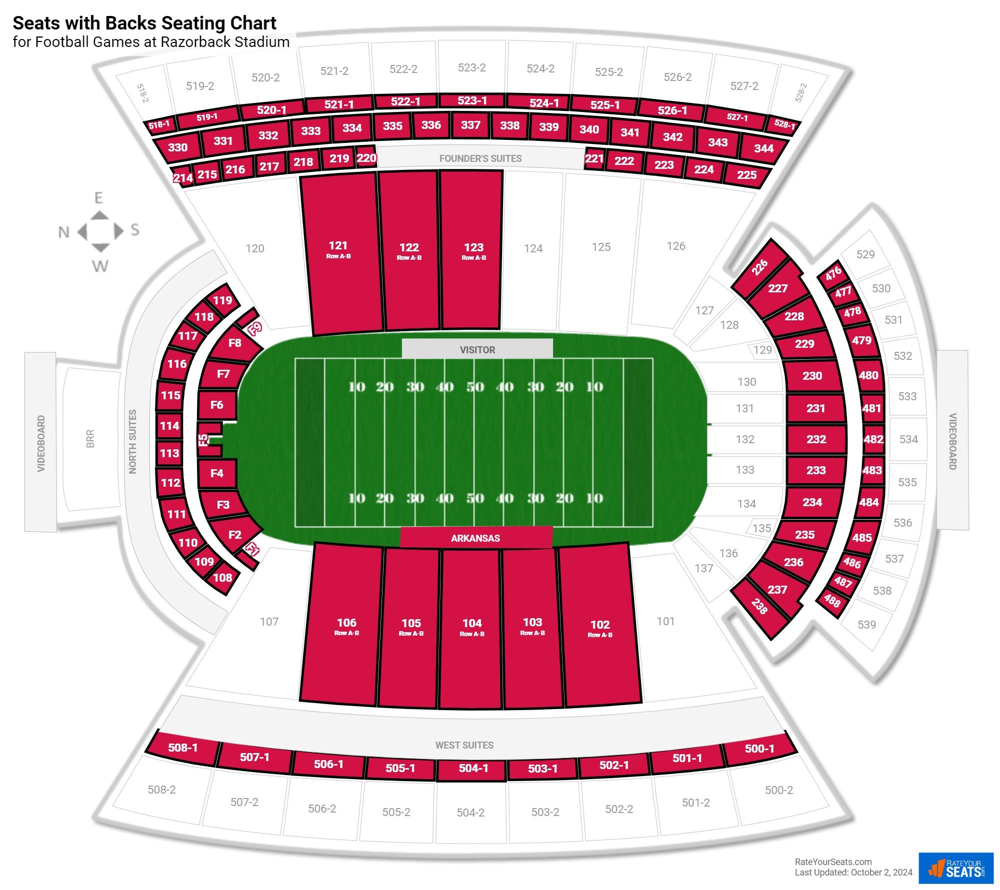 click to enlarge Football Seats with Backs Seating Chart at Razorback Stadium