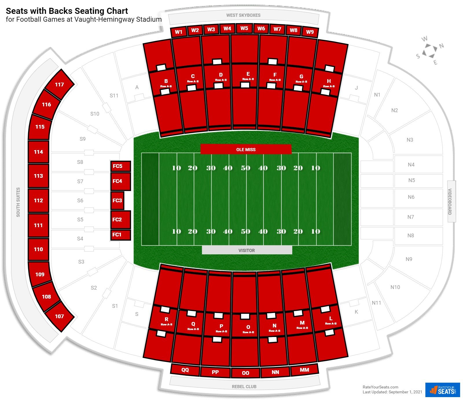 click to enlarge Football Seats with Backs Seating Chart at Vaught-Hemingway Stadium