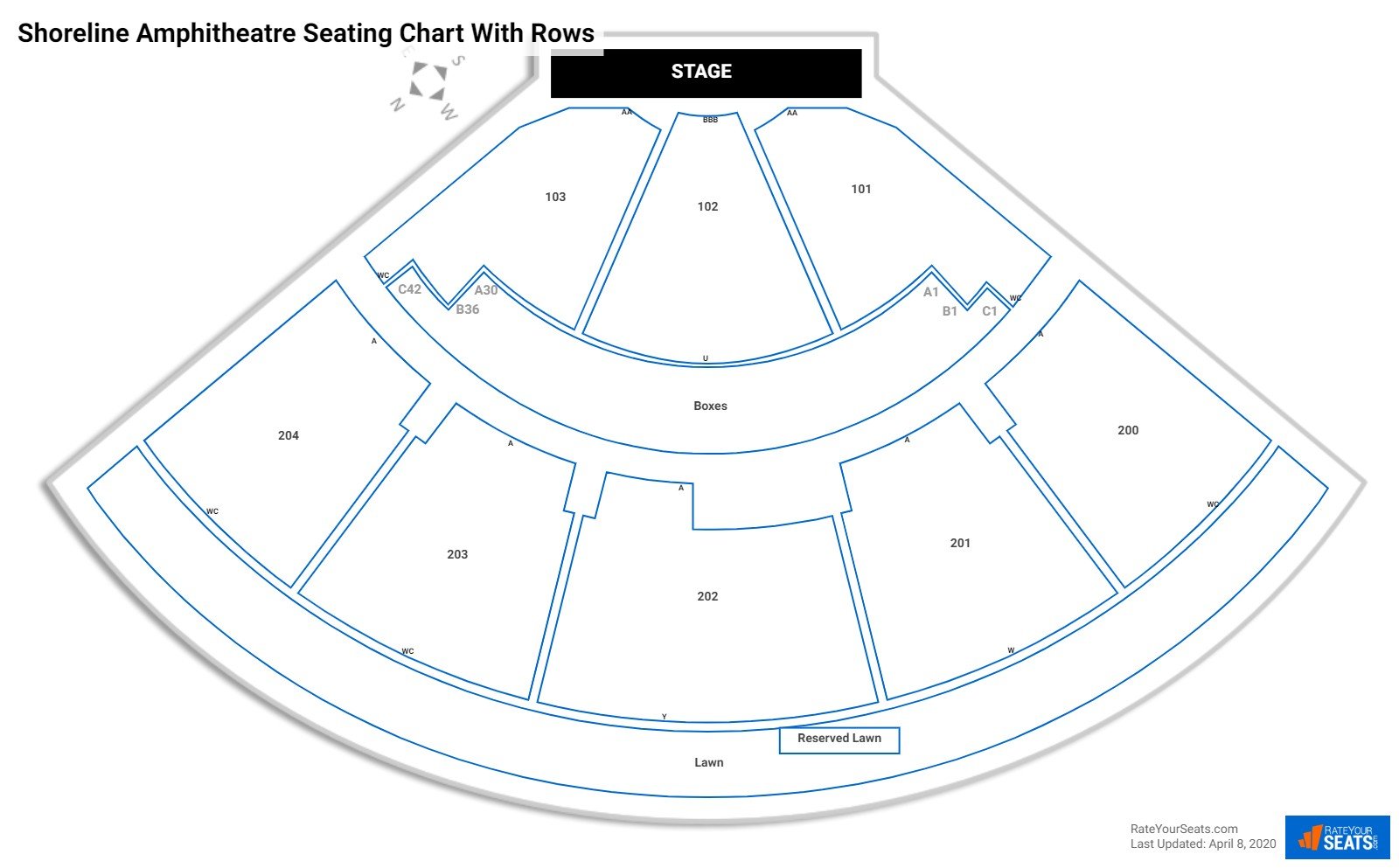 Shoreline Amphitheatre seating chart with row numbers