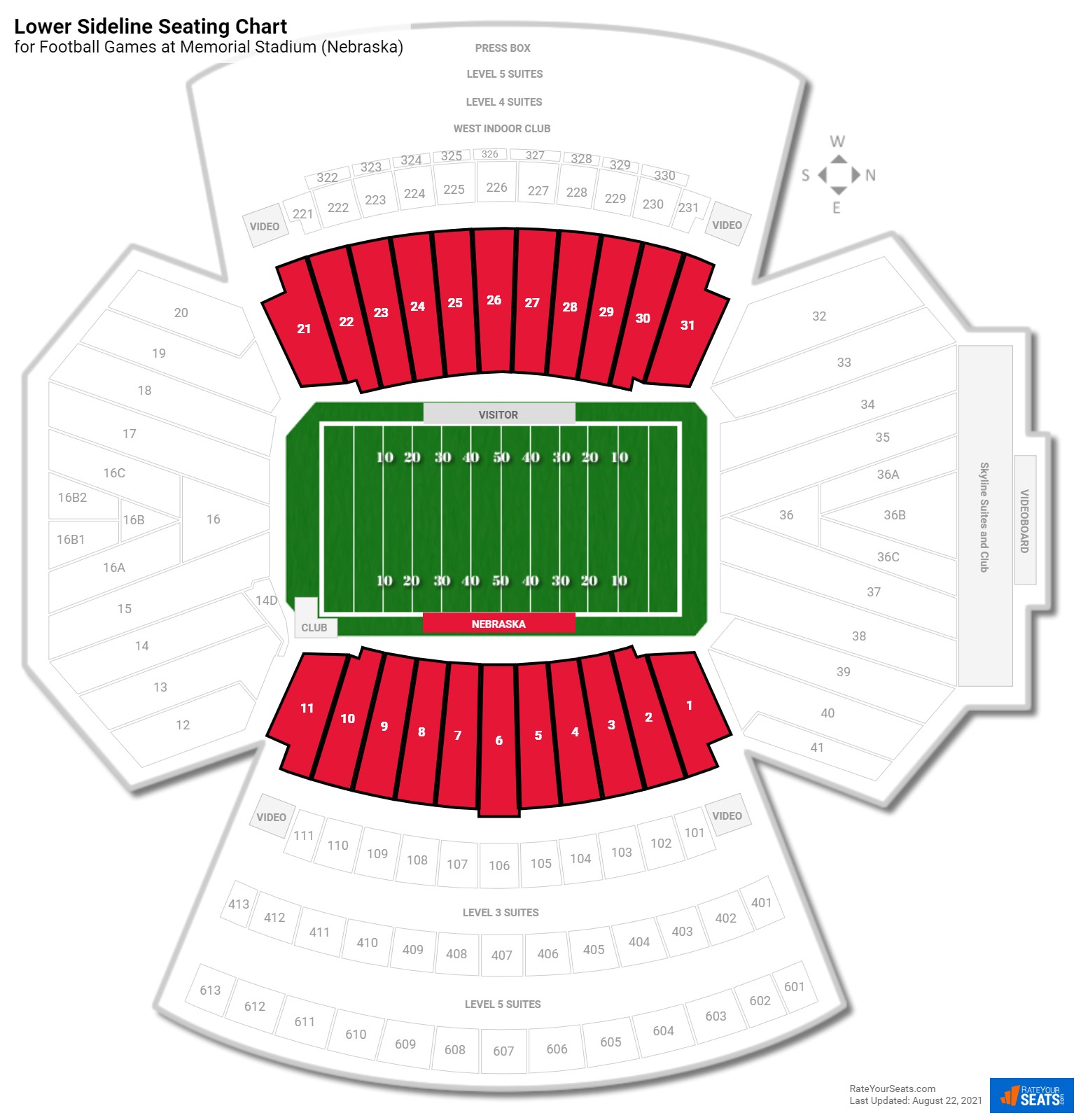 Football Lower Sideline Seating Chart at Memorial Stadium (Nebraska)
