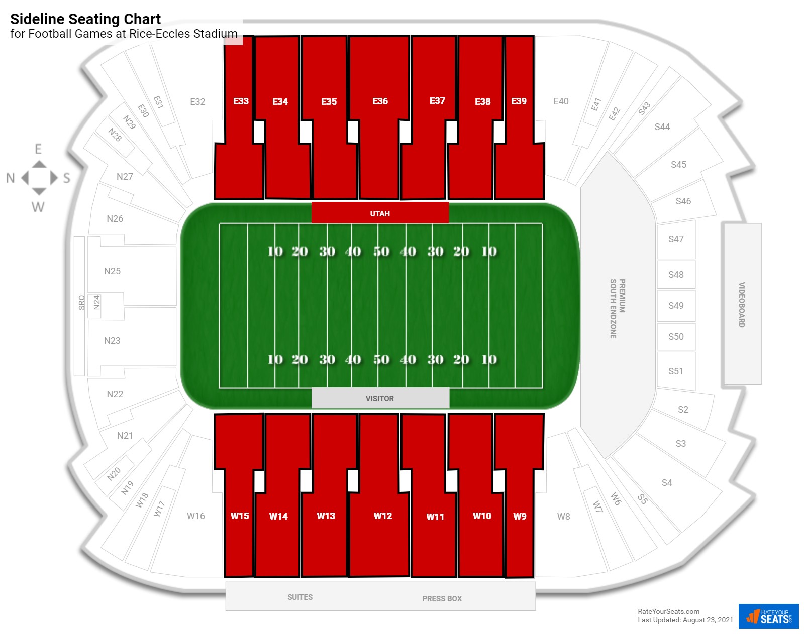 click to enlarge Football Sideline Seating Chart at Rice-Eccles Stadium