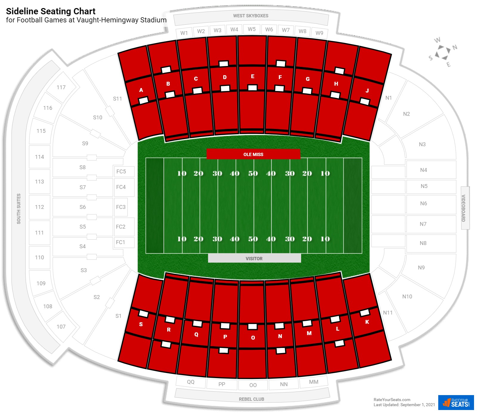 click to enlarge Football Sideline Seating Chart at Vaught-Hemingway Stadium