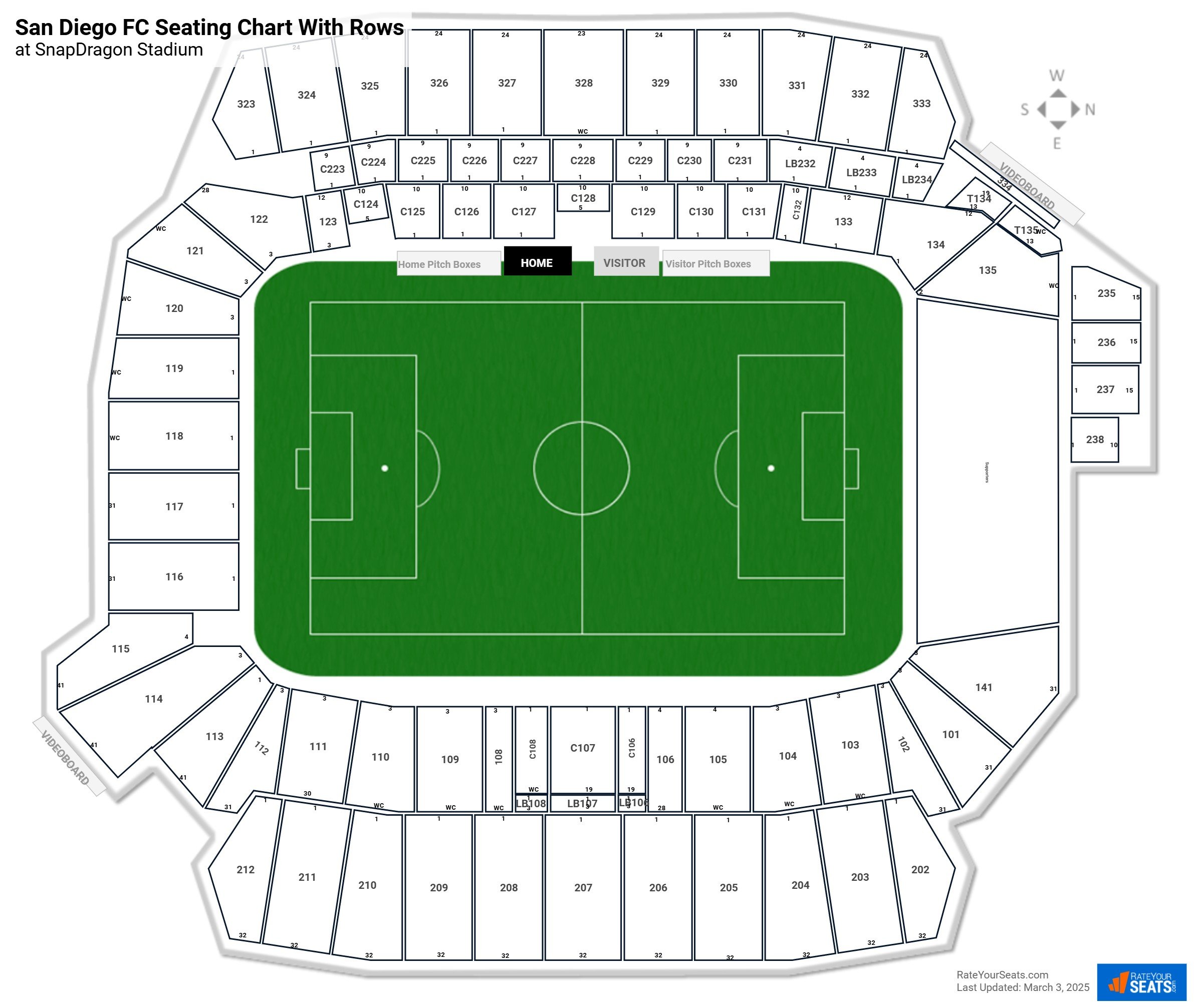 SnapDragon Stadium seating chart with row numbers