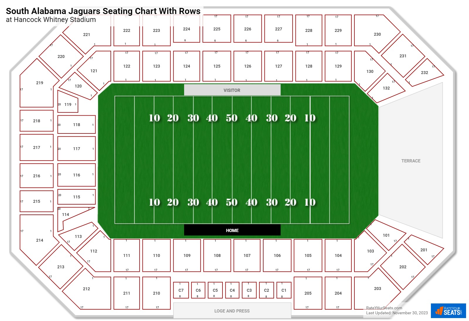 Hancock Whitney Stadium seating chart with row numbers