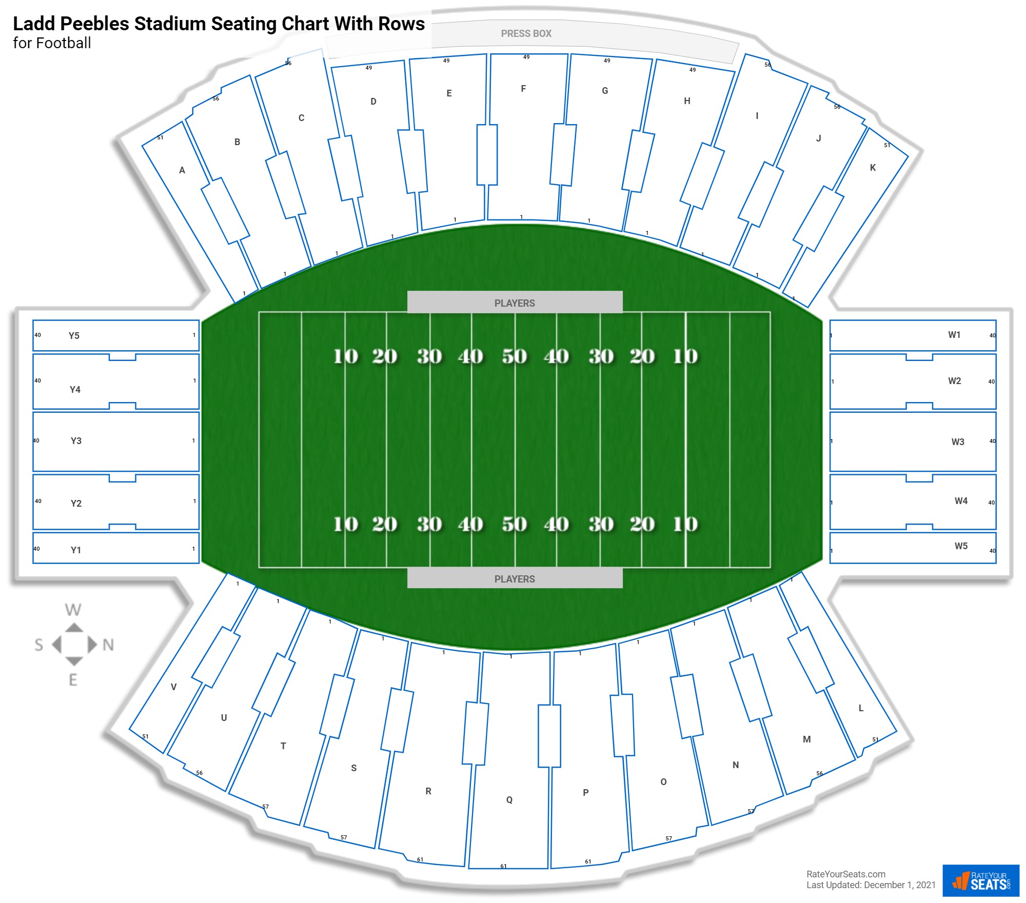 Ladd Peebles Stadium seating chart with row numbers