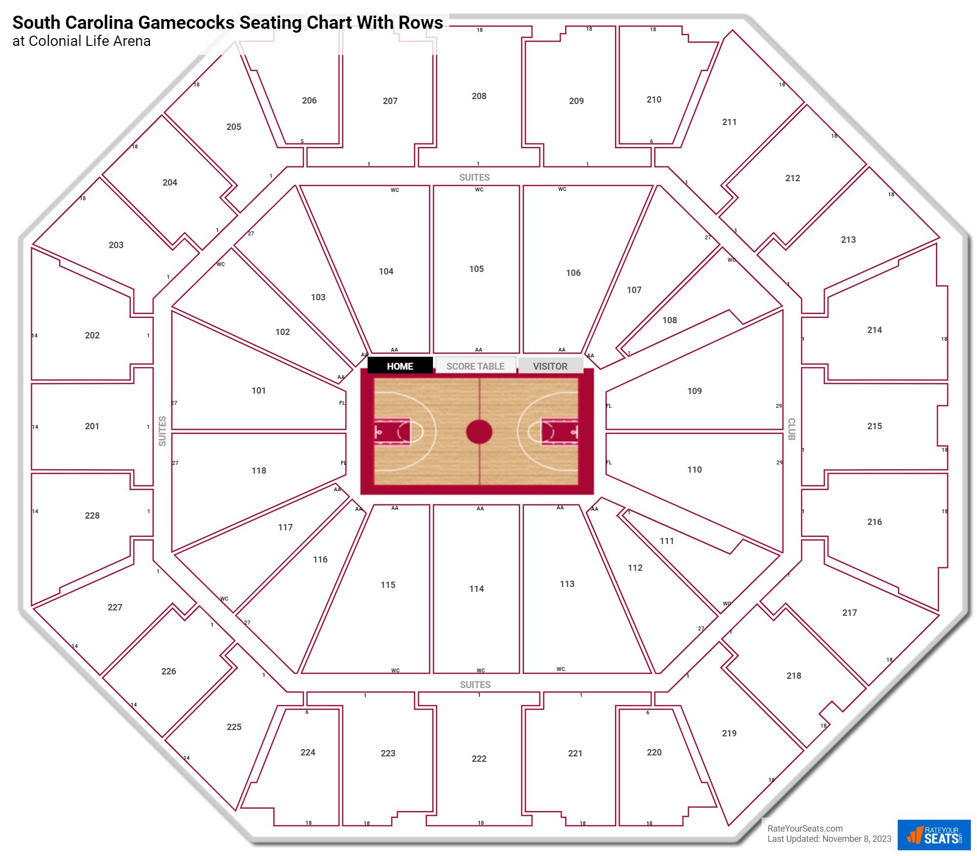 Colonial Life Arena seating chart with row numbers