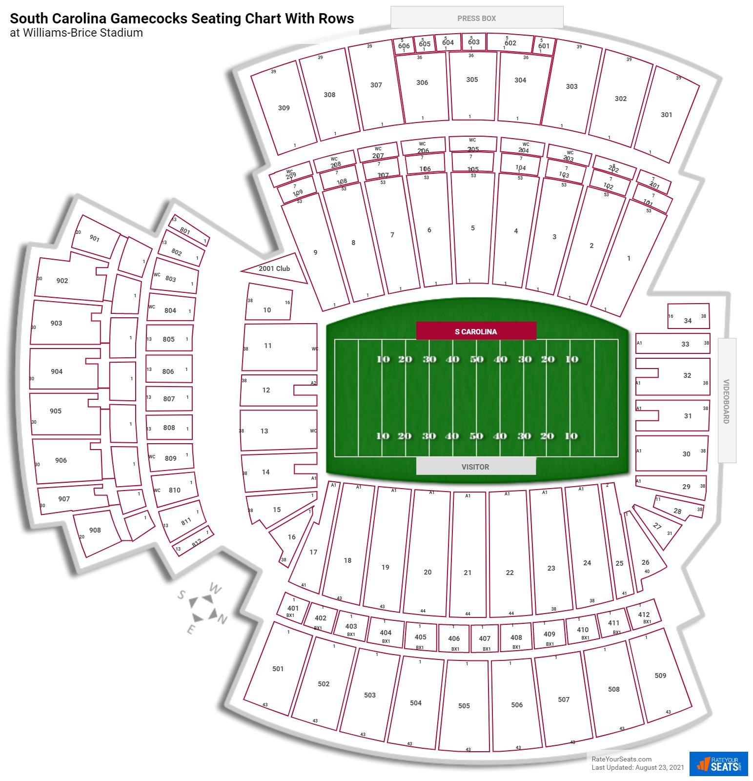 Williams-Brice Stadium seating chart with row numbers