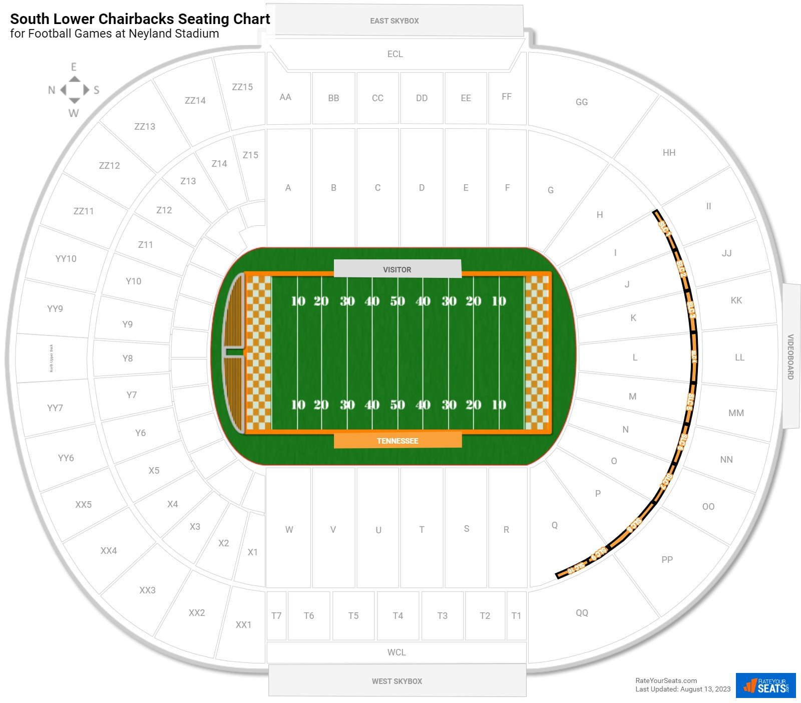 click to enlarge Football South Lower Chairbacks Seating Chart at Neyland Stadium