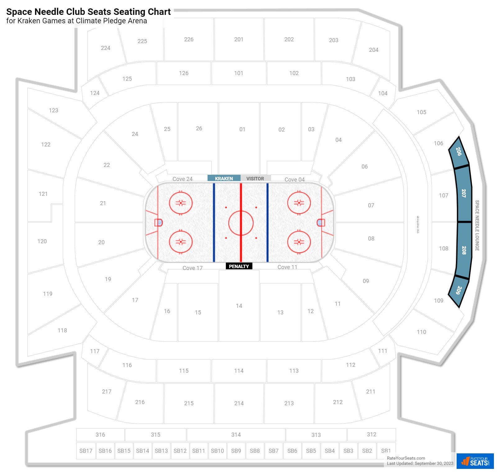 click to enlarge Kraken Space Needle Club Seats Seating Chart at Climate Pledge Arena