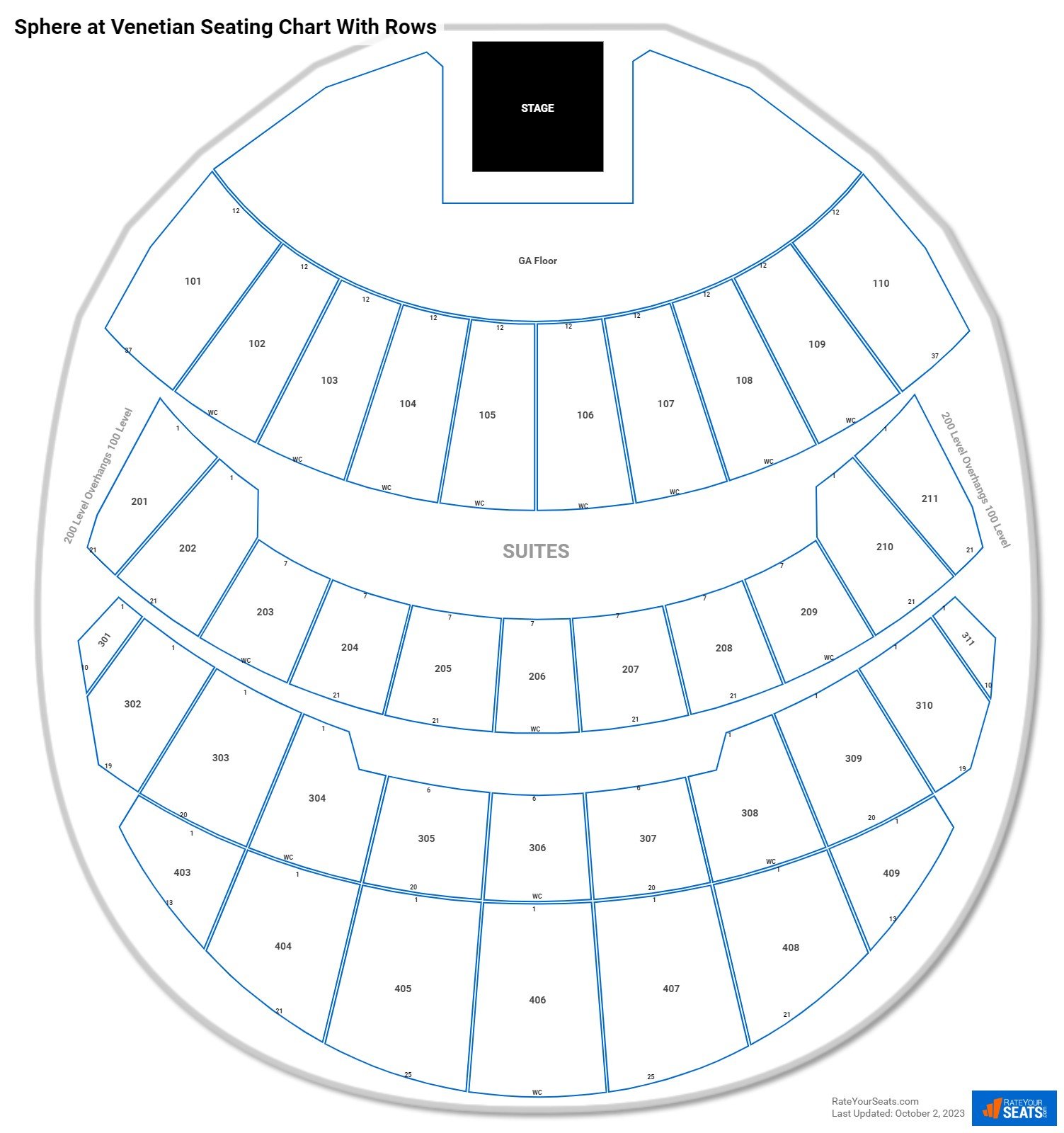 Sphere at Venetian seating chart with row numbers