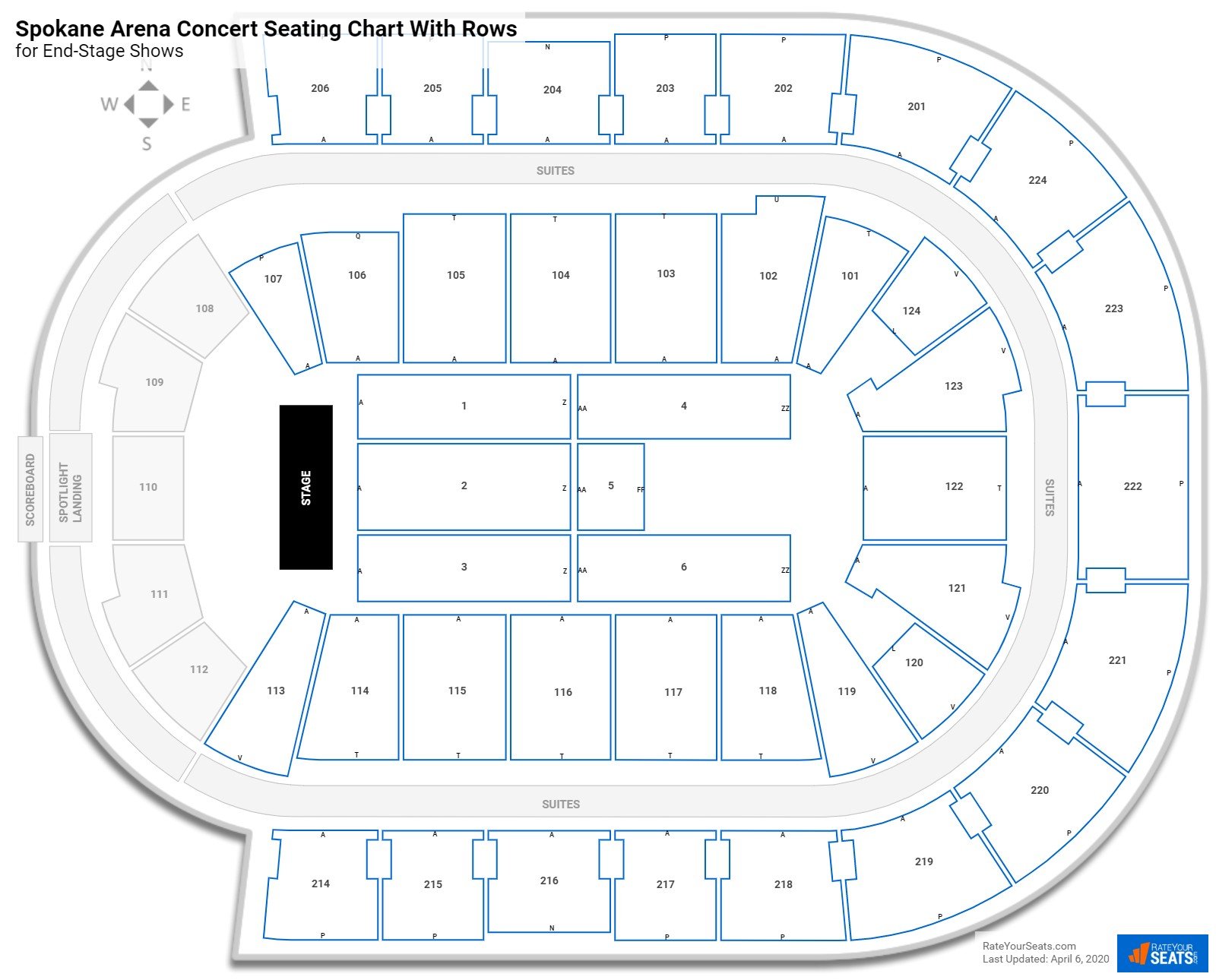 Spokane Arena seating chart with row numbers