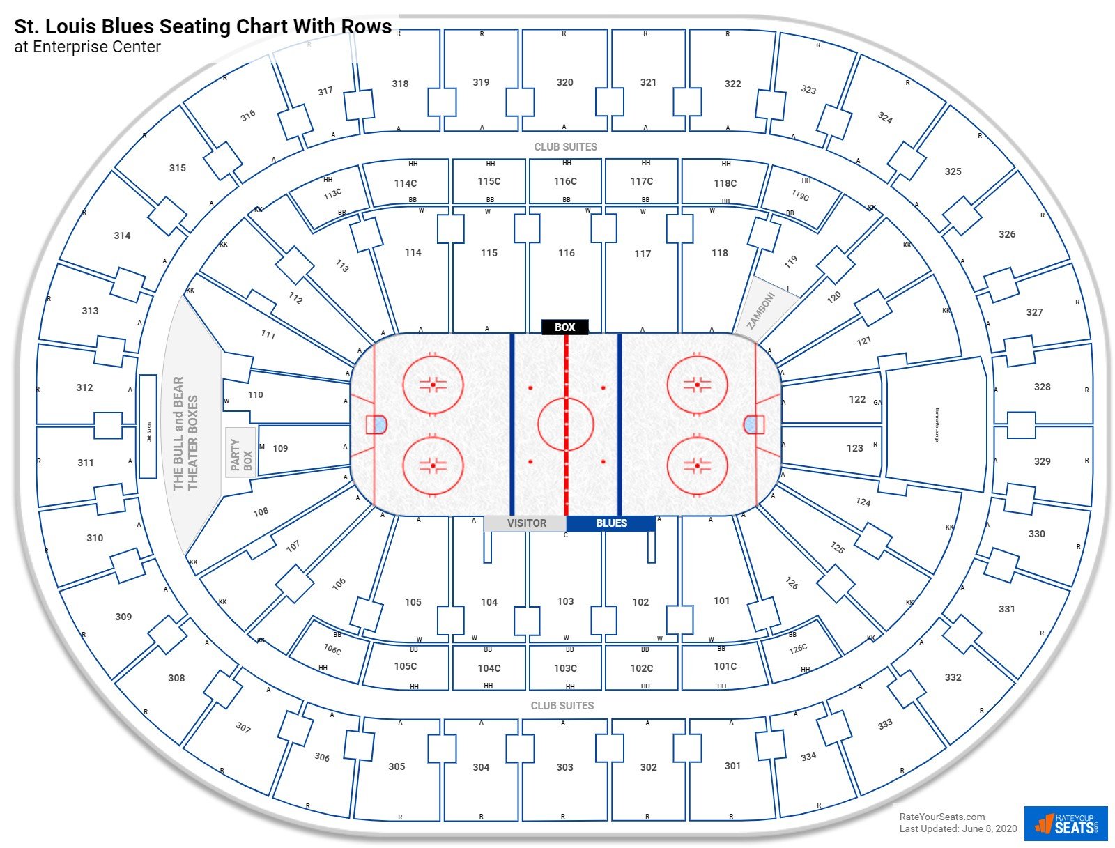 Enterprise Center seating chart with row numbers