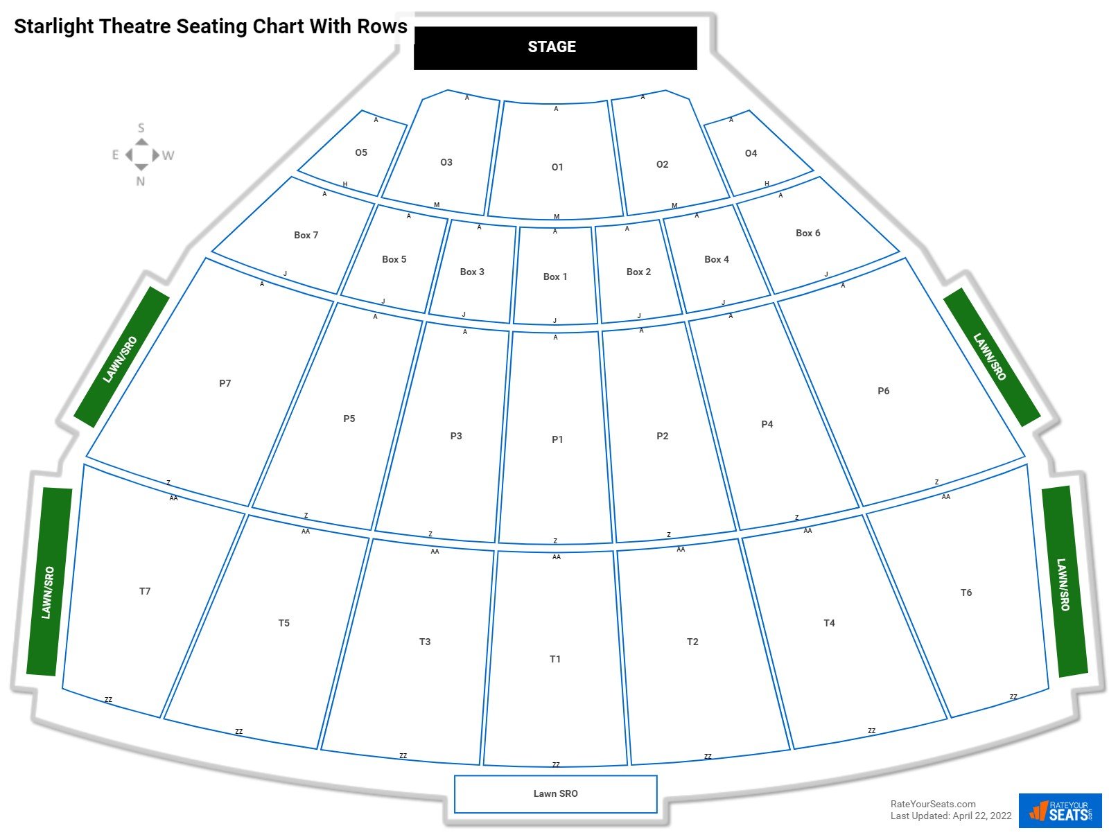 Starlight Theatre seating chart with row numbers