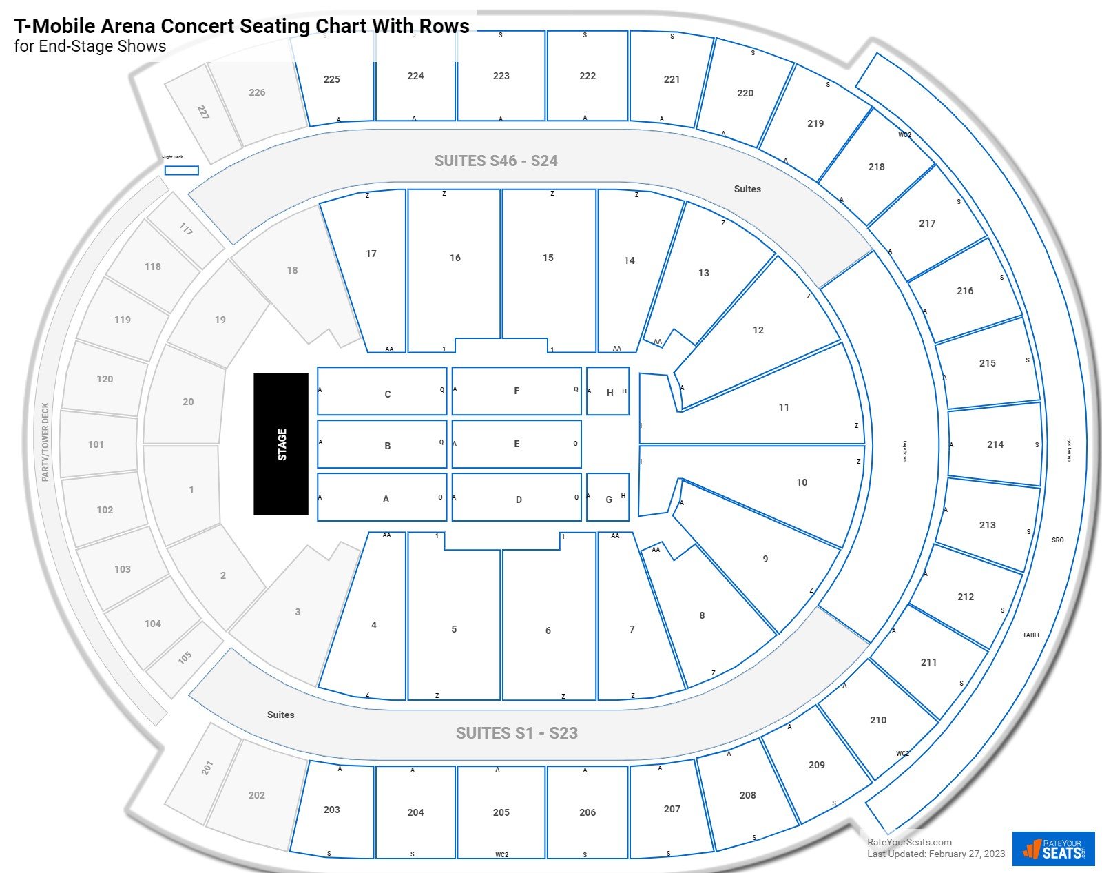 T-Mobile Arena seating chart with row numbers