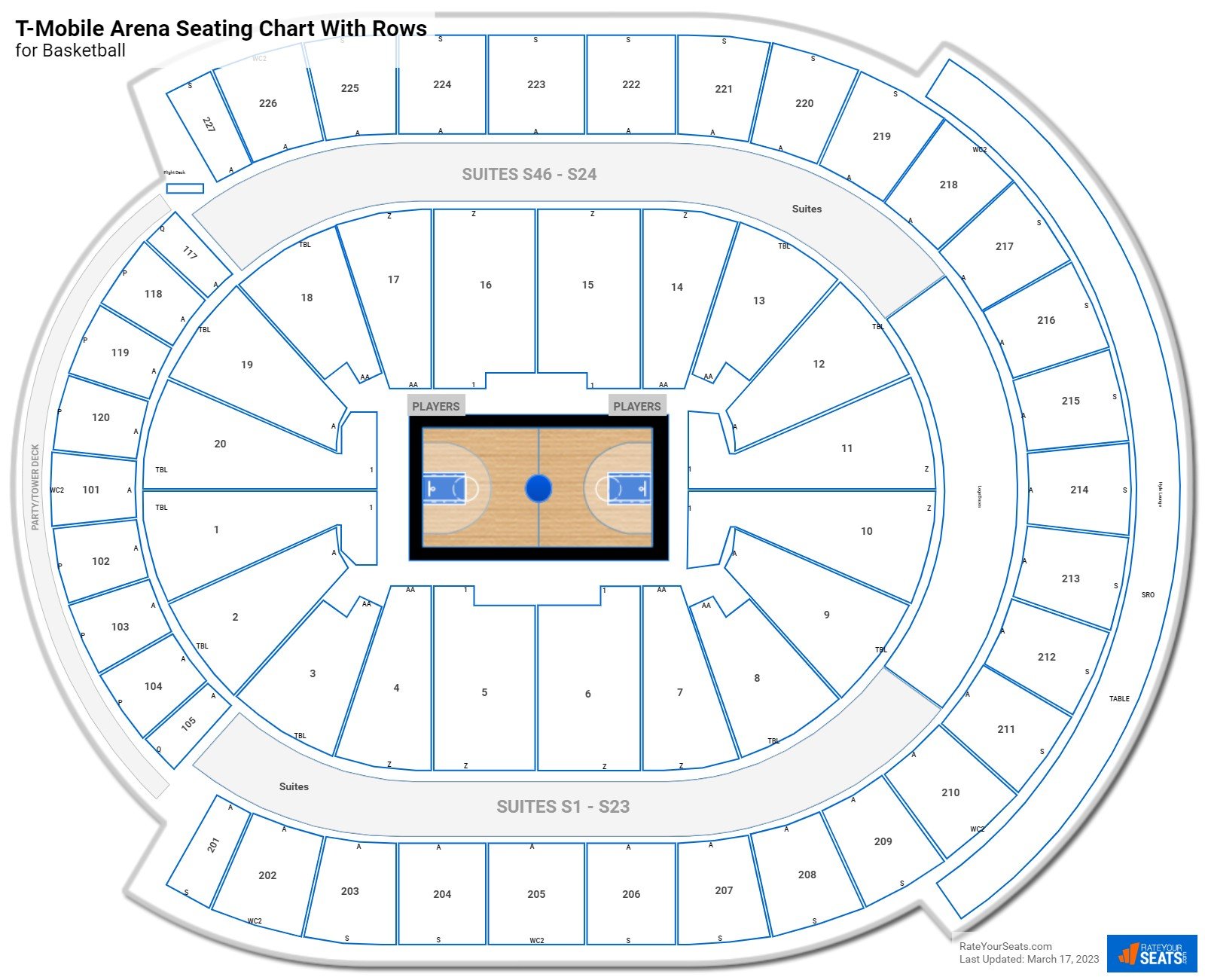 T-Mobile Arena seating chart with row numbers