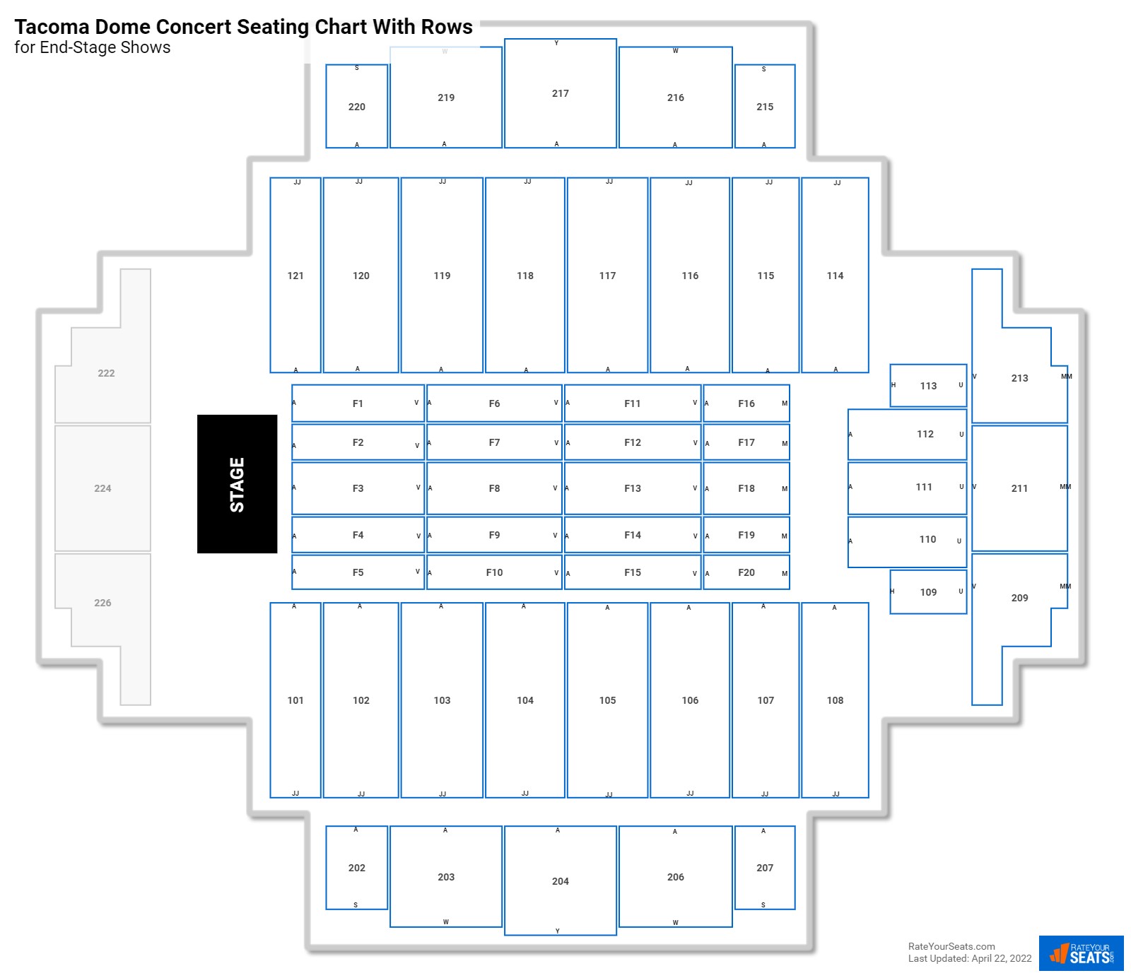 Tacoma Dome seating chart with row numbers