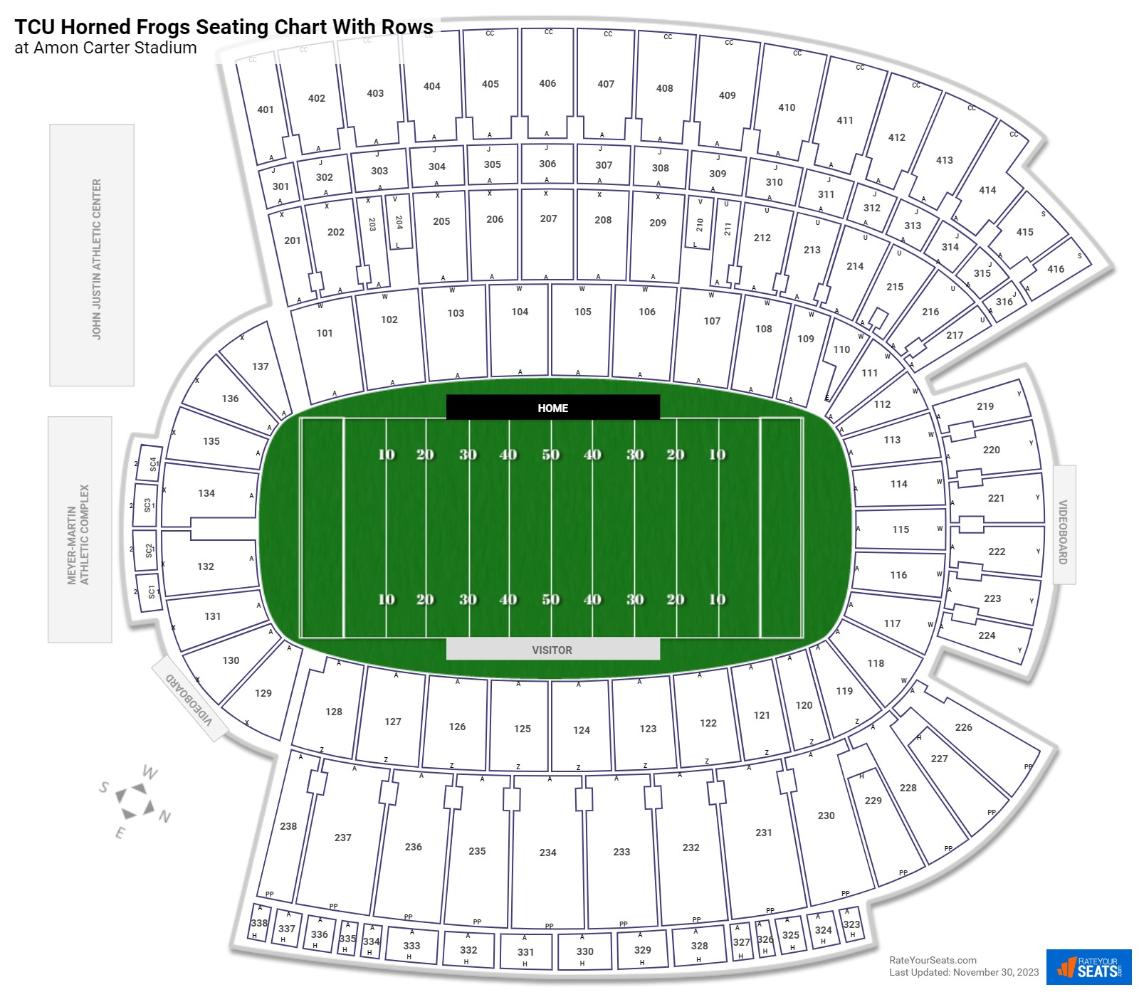 Amon Carter Stadium seating chart with row numbers