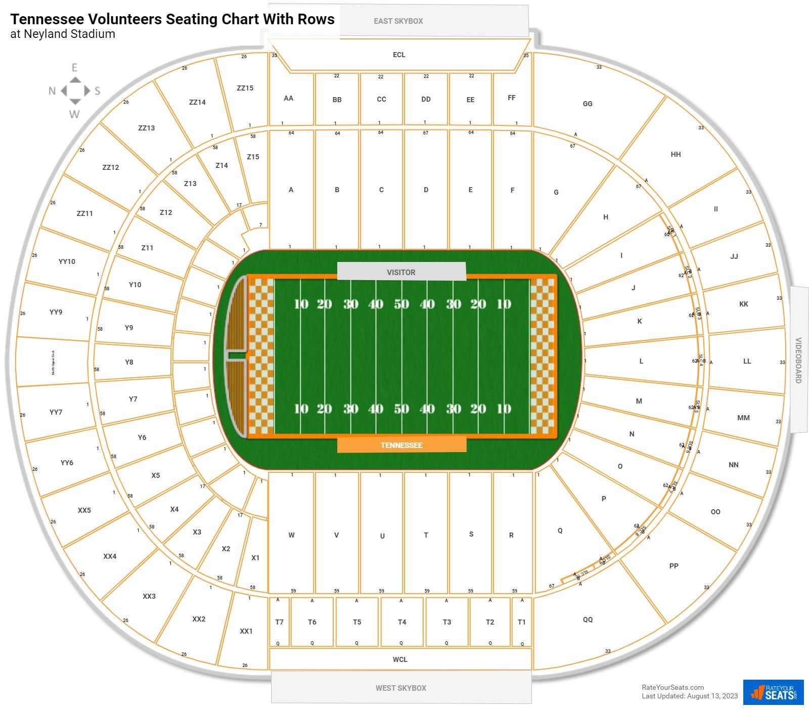 Neyland Stadium seating chart with row numbers