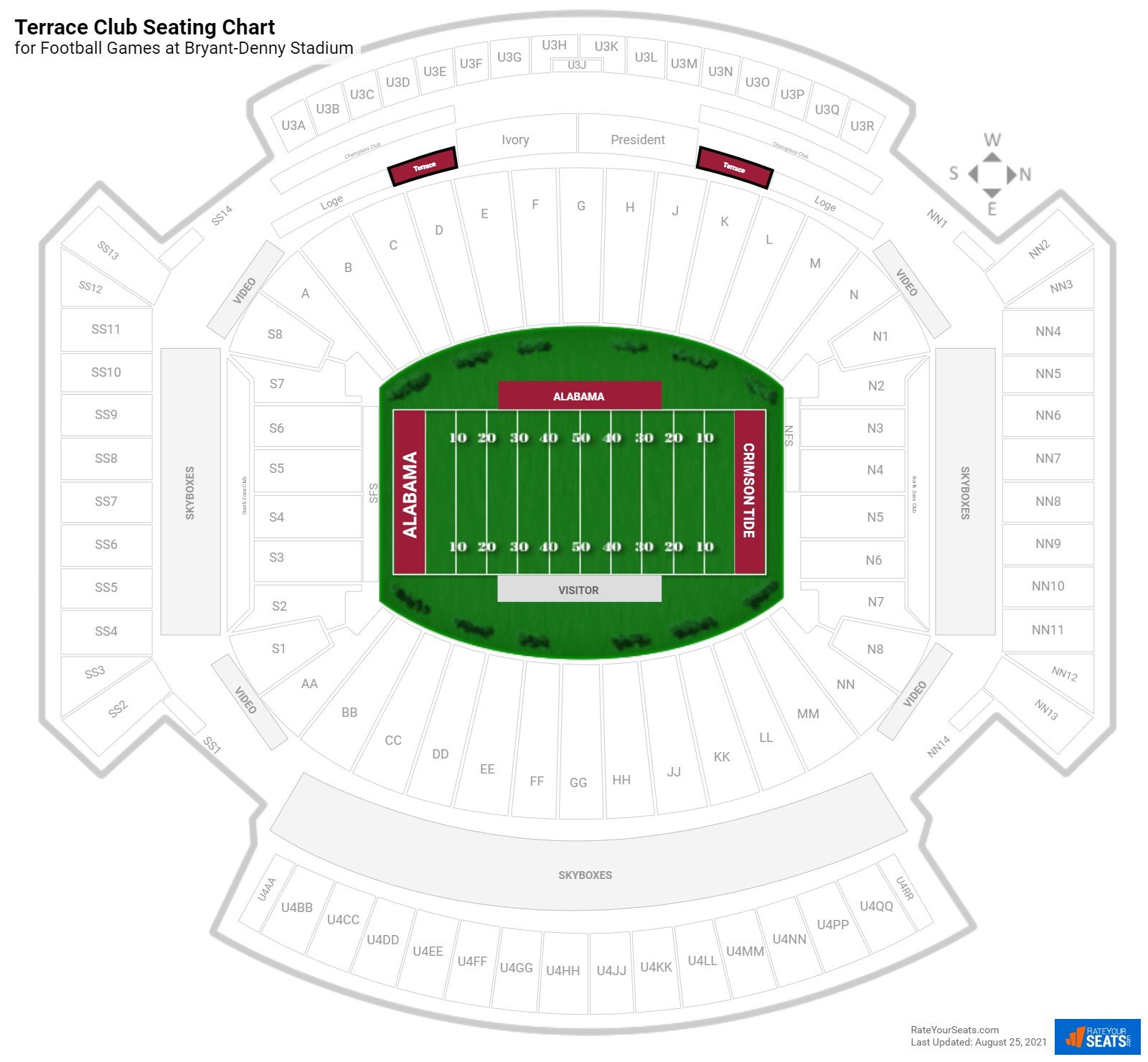 click to enlarge Football Terrace Club Seating Chart at Bryant-Denny Stadium