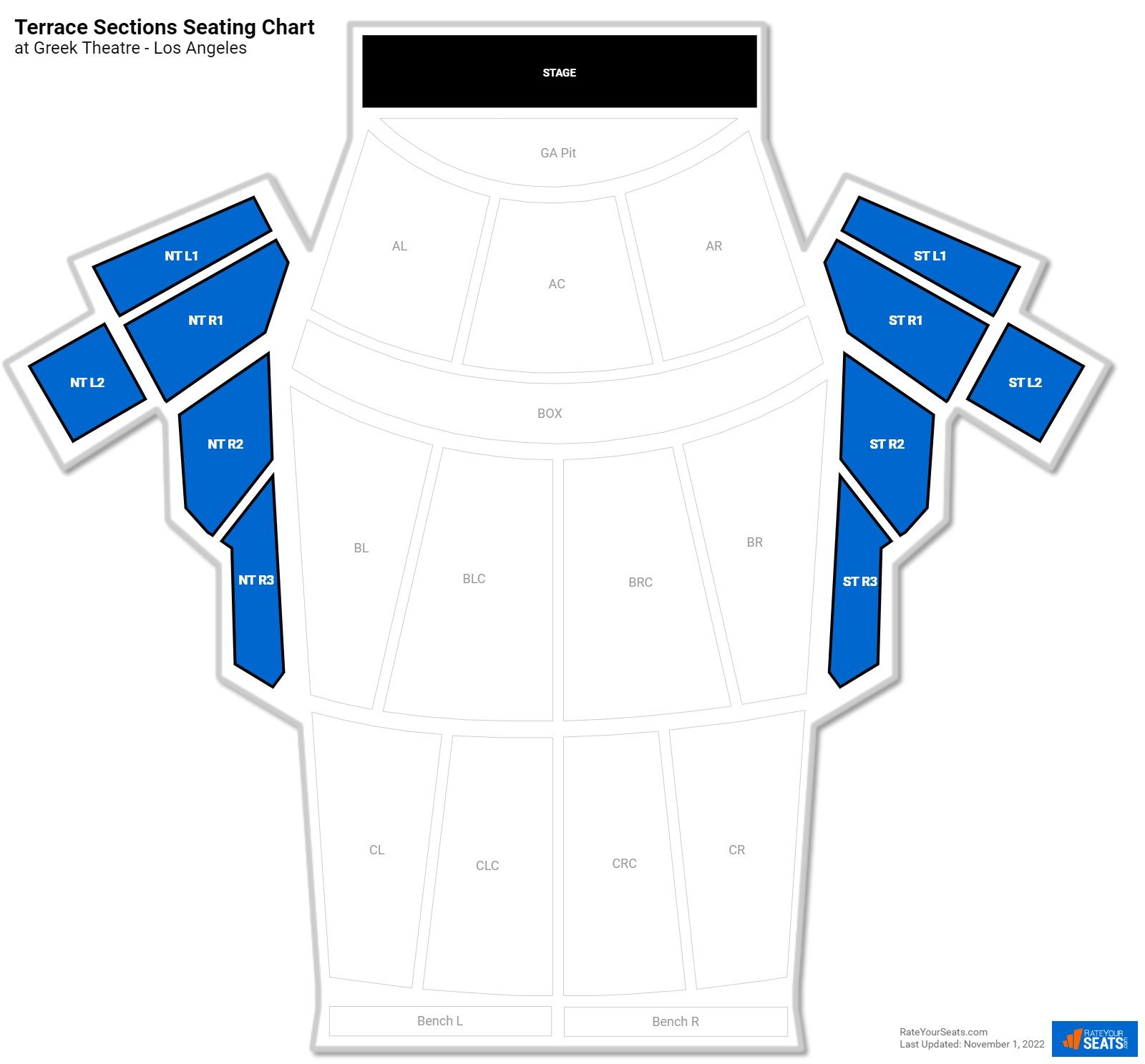 click to enlarge Concert Terrace Sections Seating Chart at Greek Theatre - Los Angeles