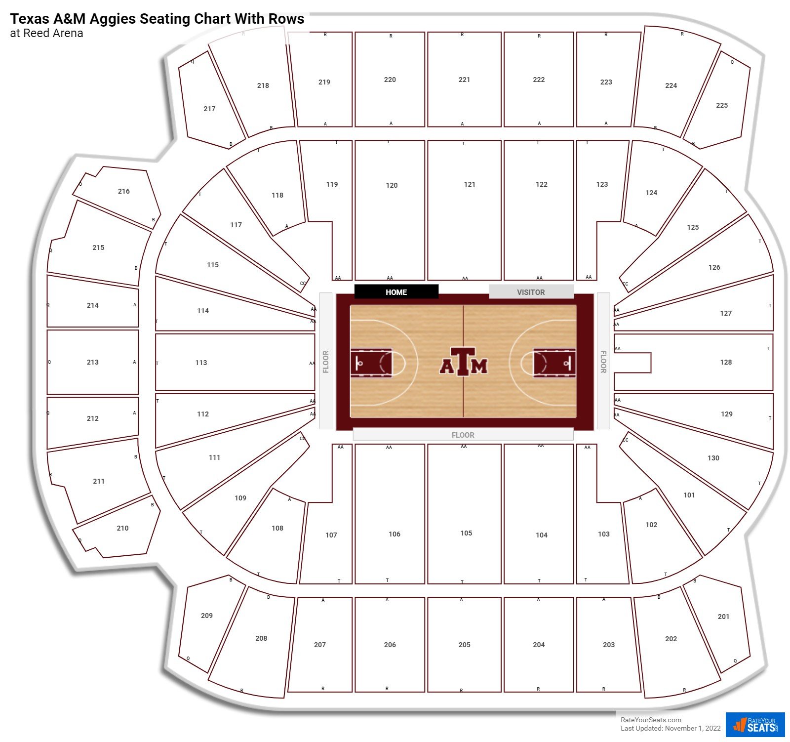 Reed Arena seating chart with row numbers