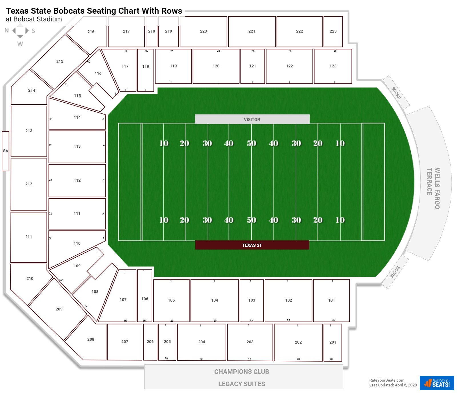 Bobcat Stadium seating chart with row numbers