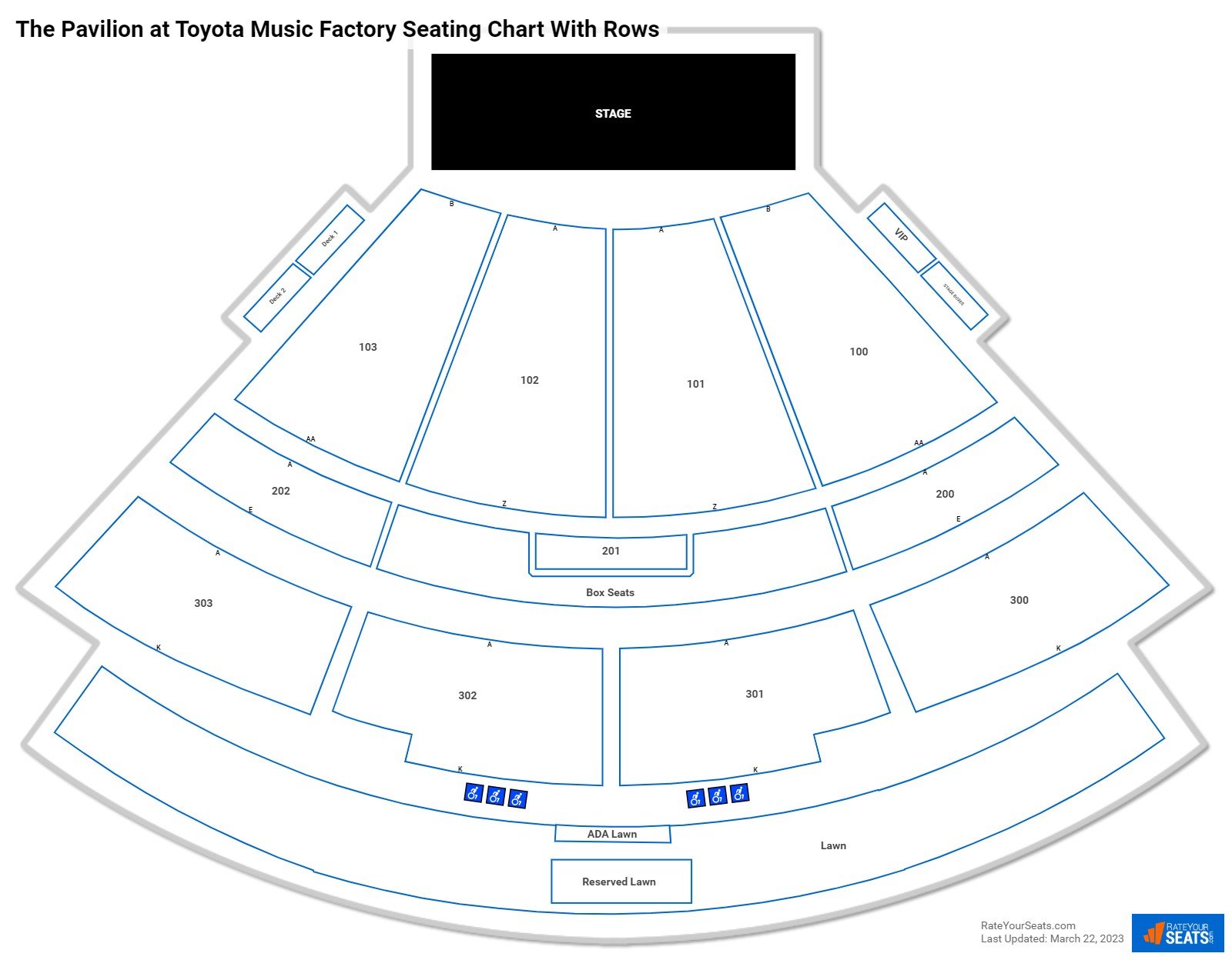 The Pavilion at Toyota Music Factory seating chart with row numbers