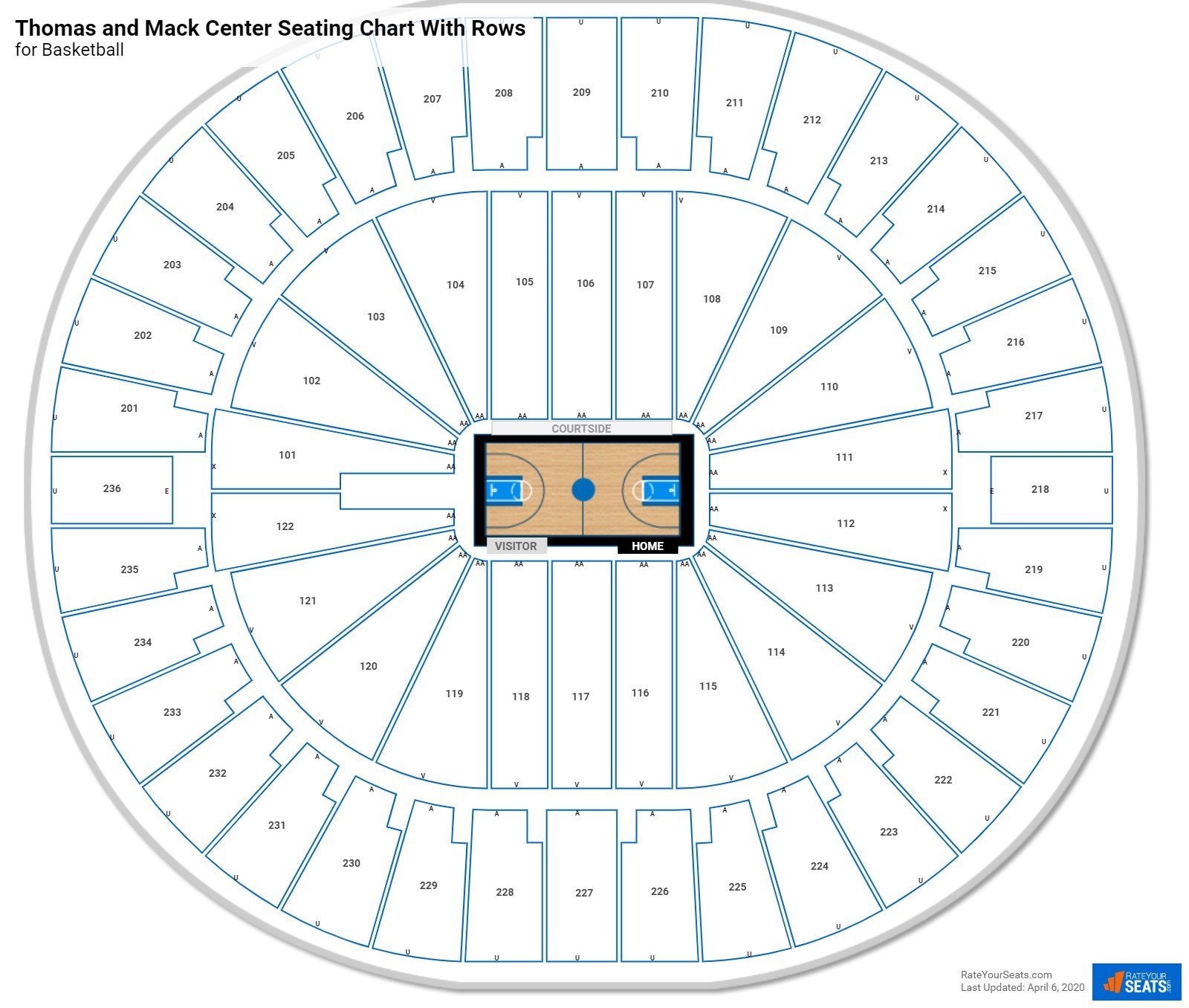 Thomas and Mack Center seating chart with row numbers