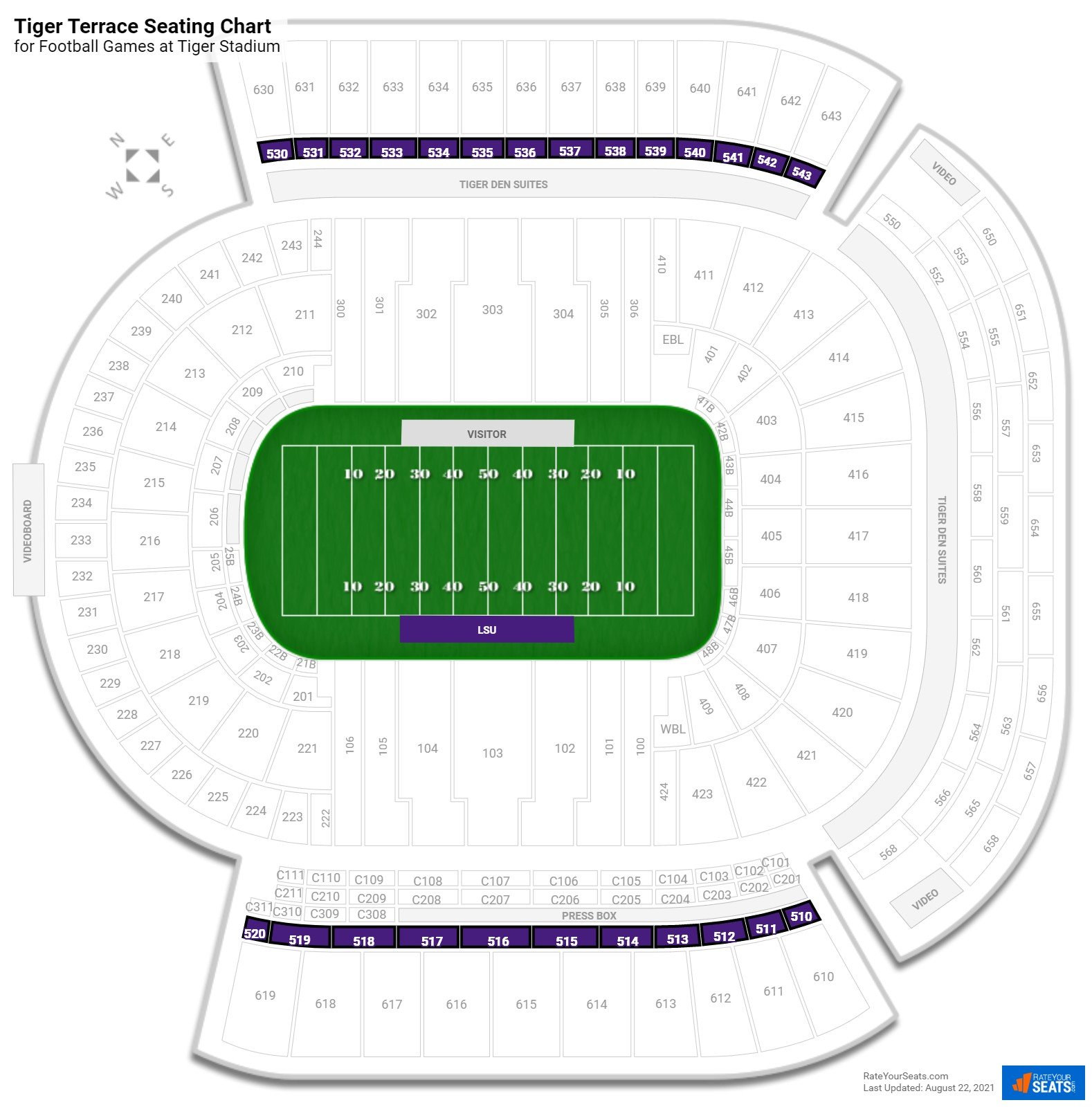 click to enlarge Football Tiger Terrace Seating Chart at Tiger Stadium