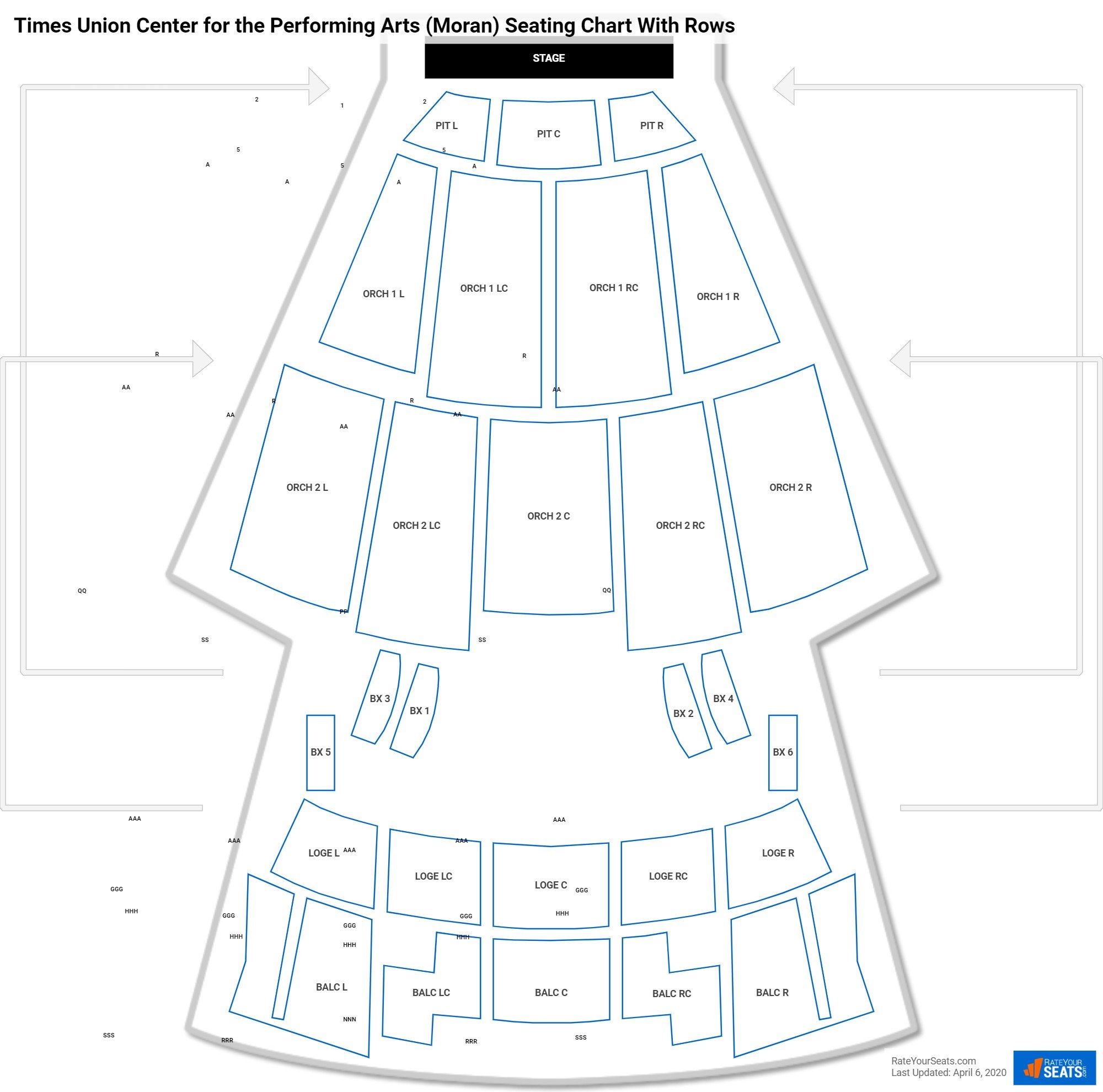 Times Union Center for the Performing Arts (Moran) seating chart with row numbers