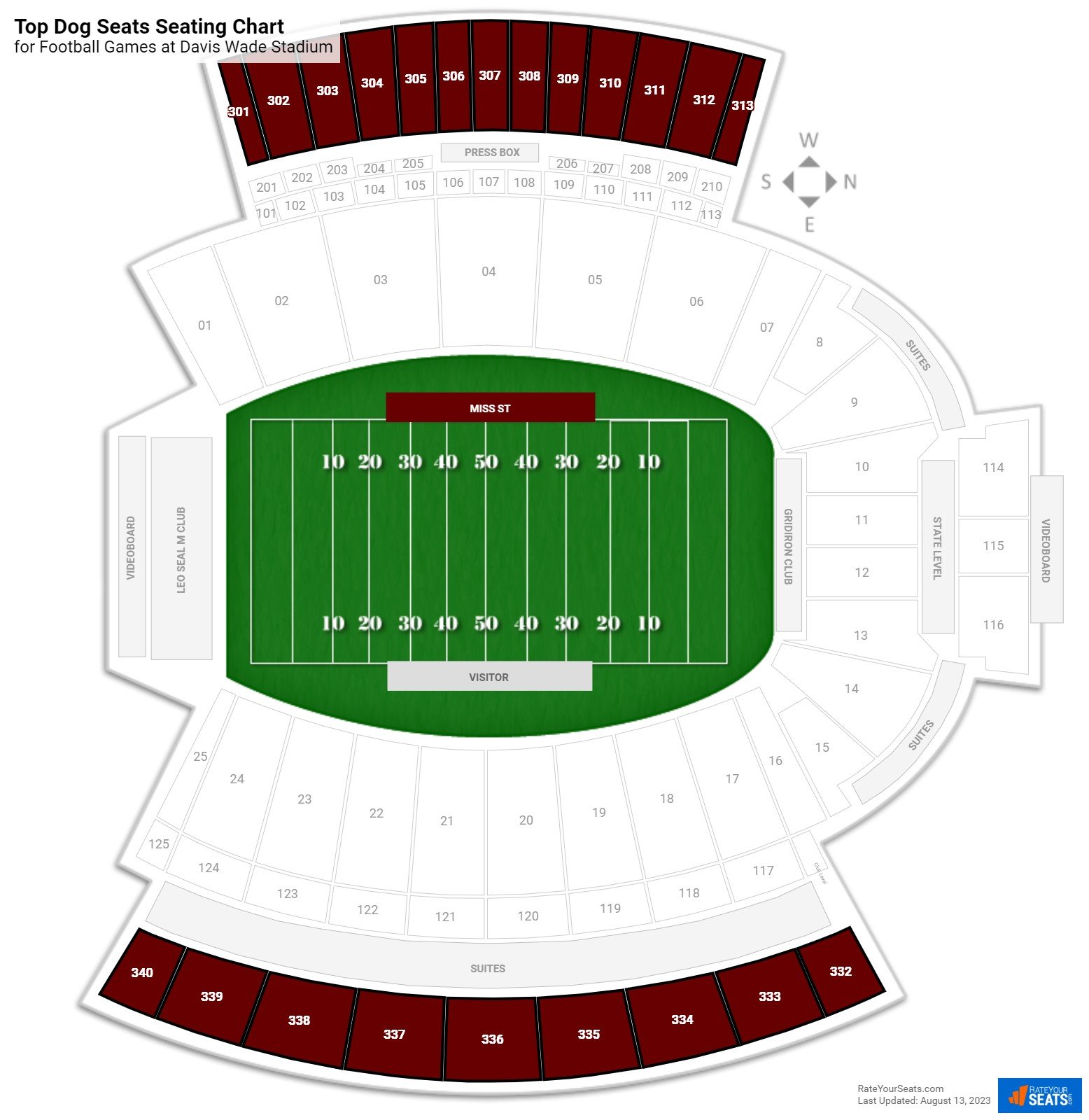click to enlarge Football Top Dog Seats Seating Chart at Davis Wade Stadium