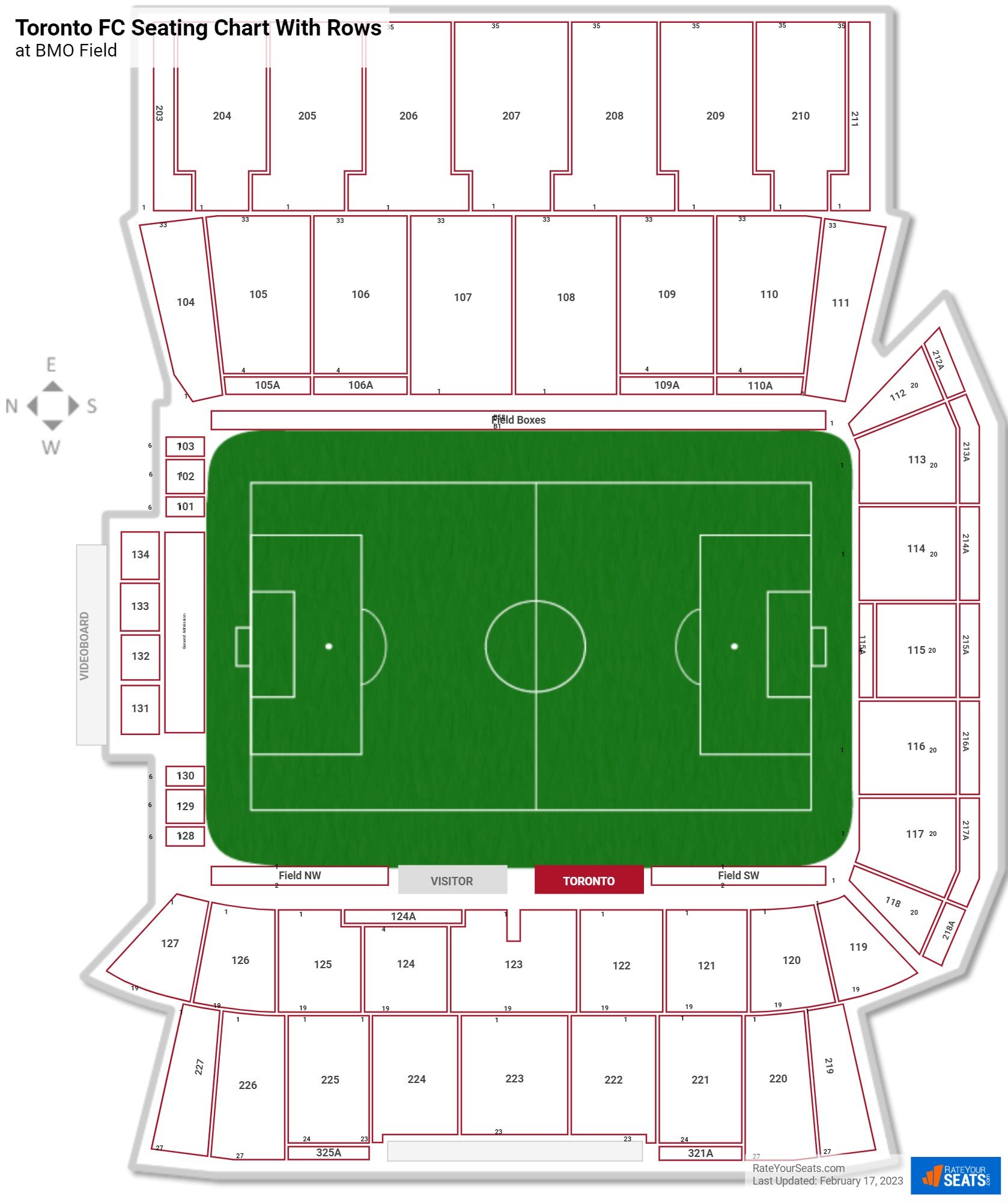 BMO Field seating chart with row numbers