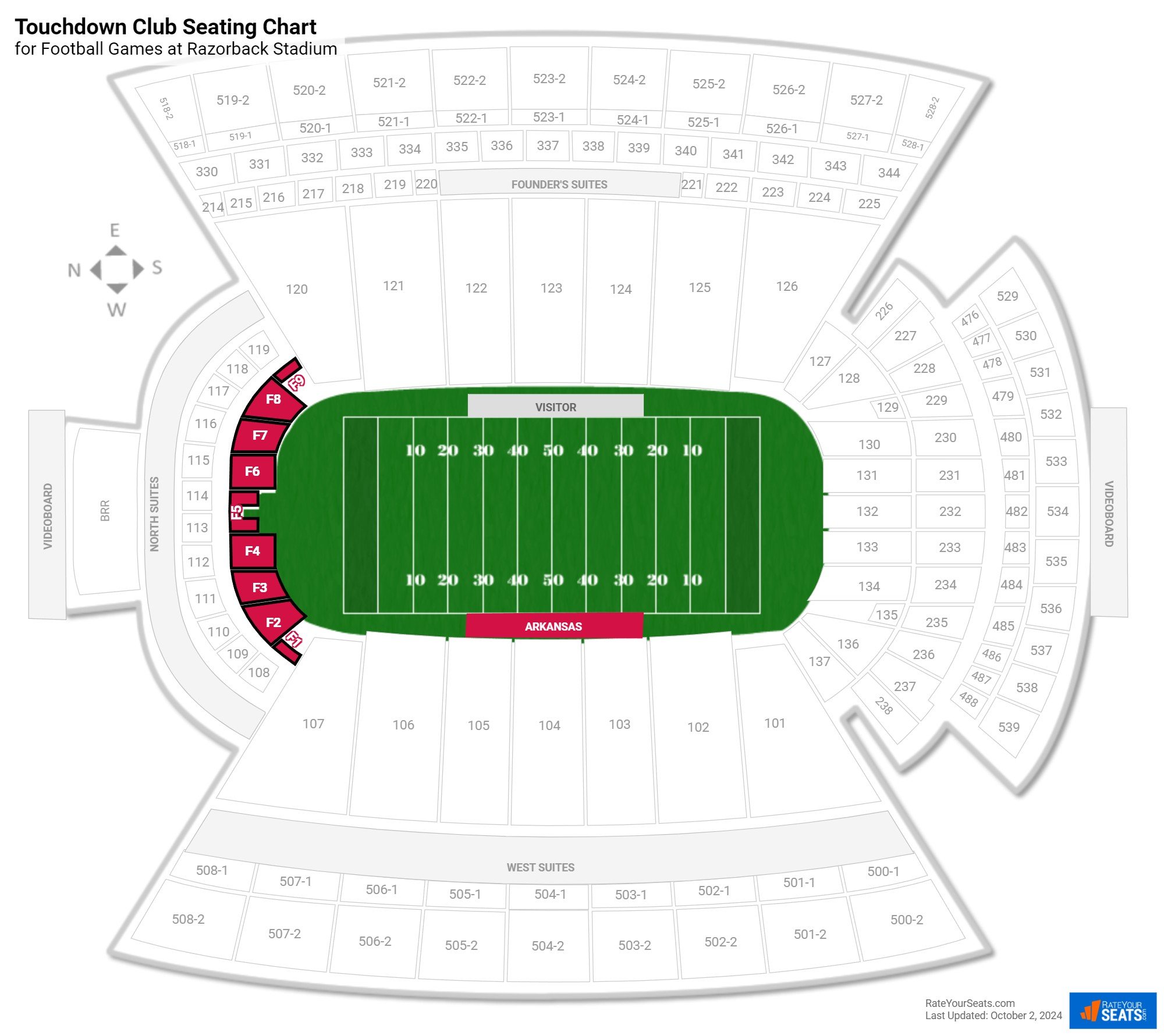 click to enlarge Football Touchdown Club Seating Chart at Razorback Stadium
