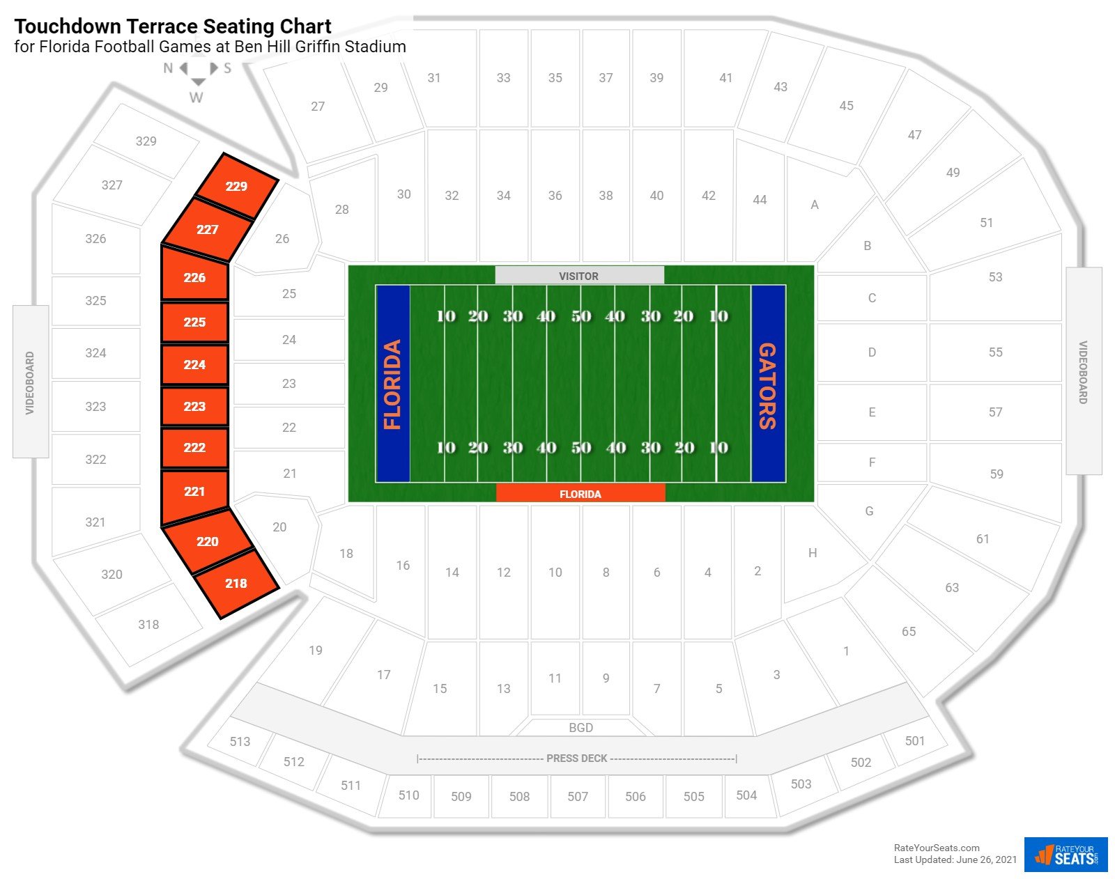 click to enlarge Florida Touchdown Terrace Seating Chart at Ben Hill Griffin Stadium