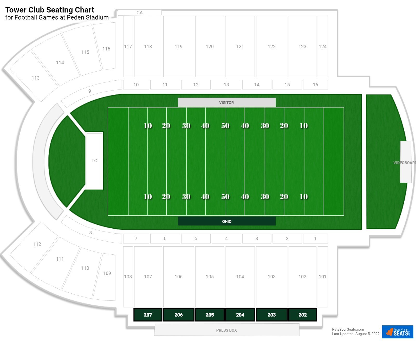 click to enlarge Football Tower Club Seating Chart at Peden Stadium