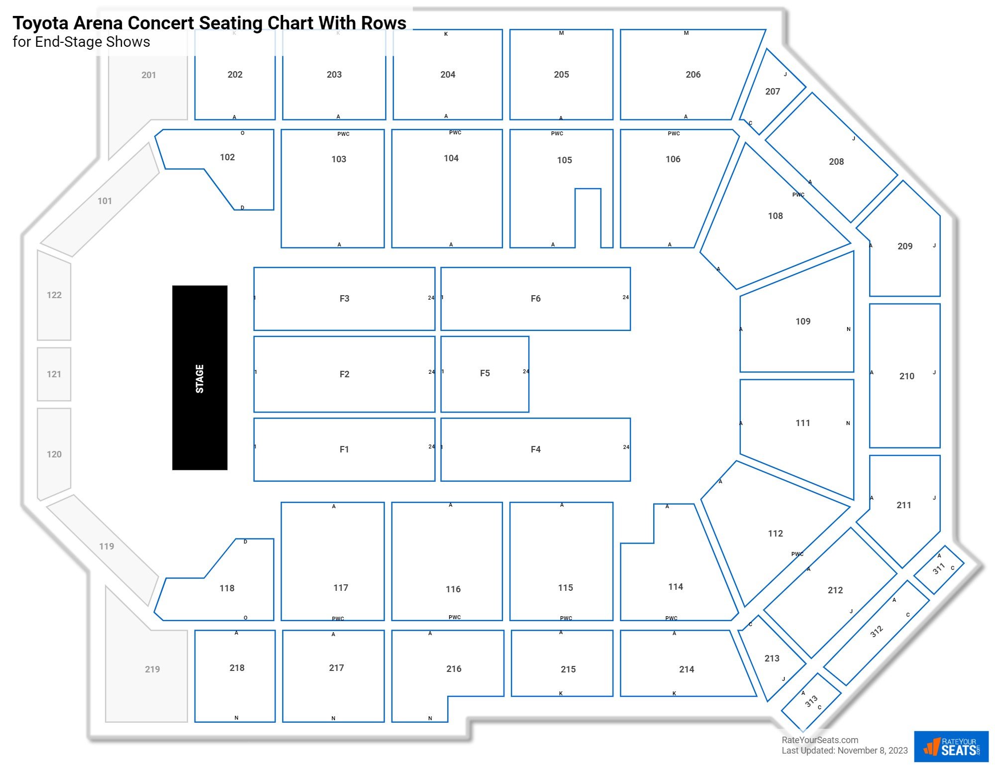 Toyota Arena seating chart with row numbers