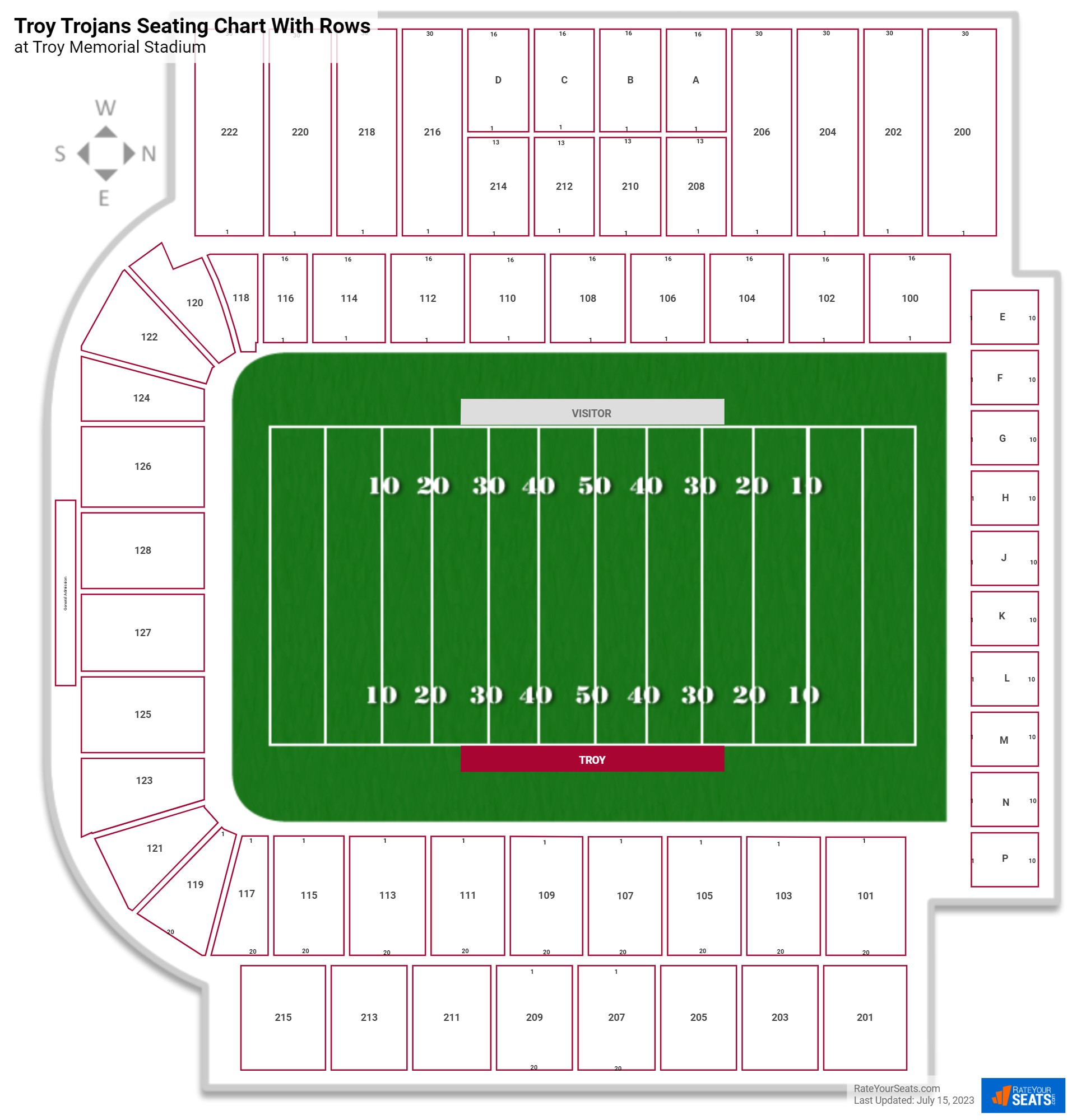 Troy Memorial Stadium seating chart with row numbers