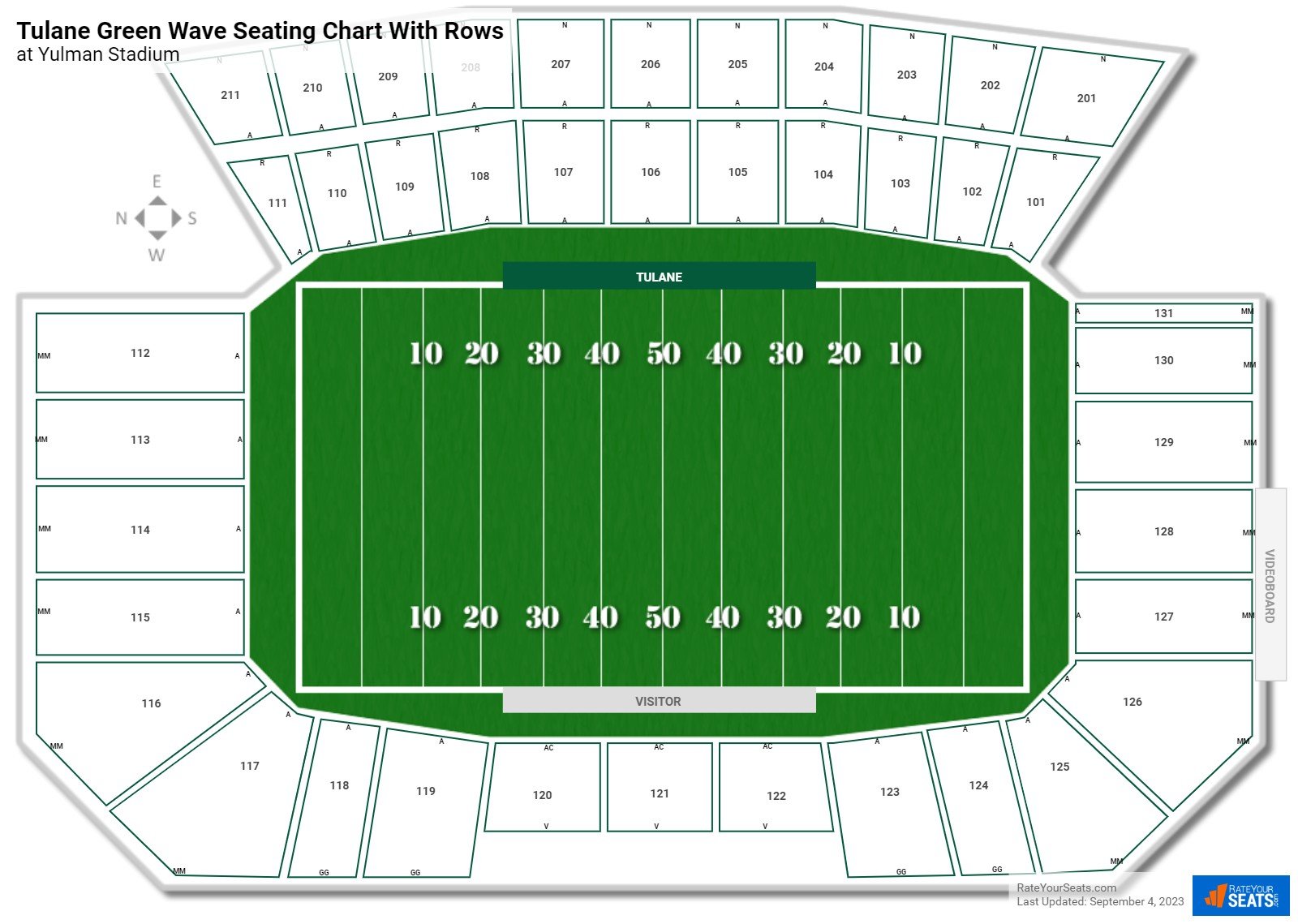 Yulman Stadium seating chart with row numbers