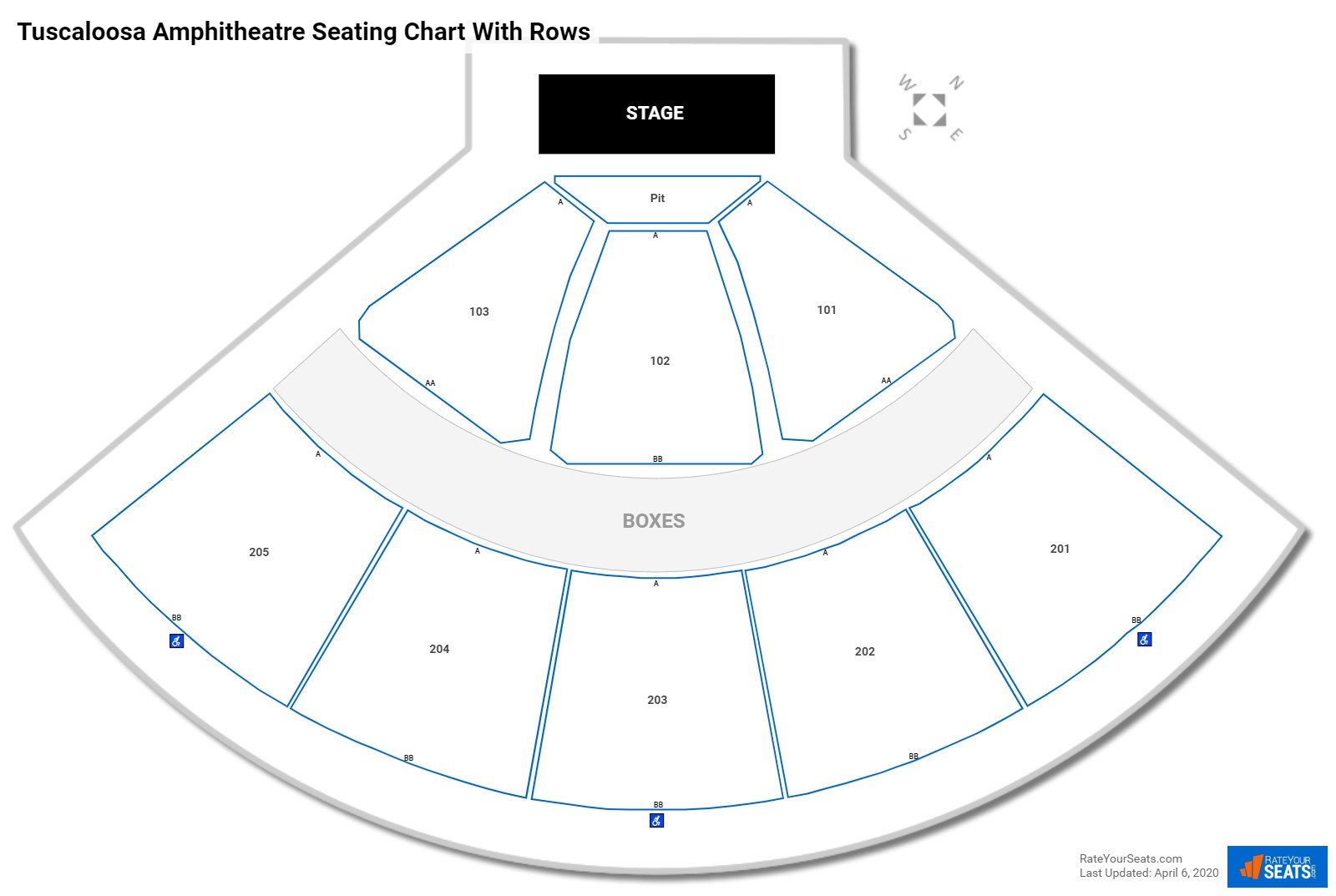 Tuscaloosa Amphitheatre seating chart with row numbers