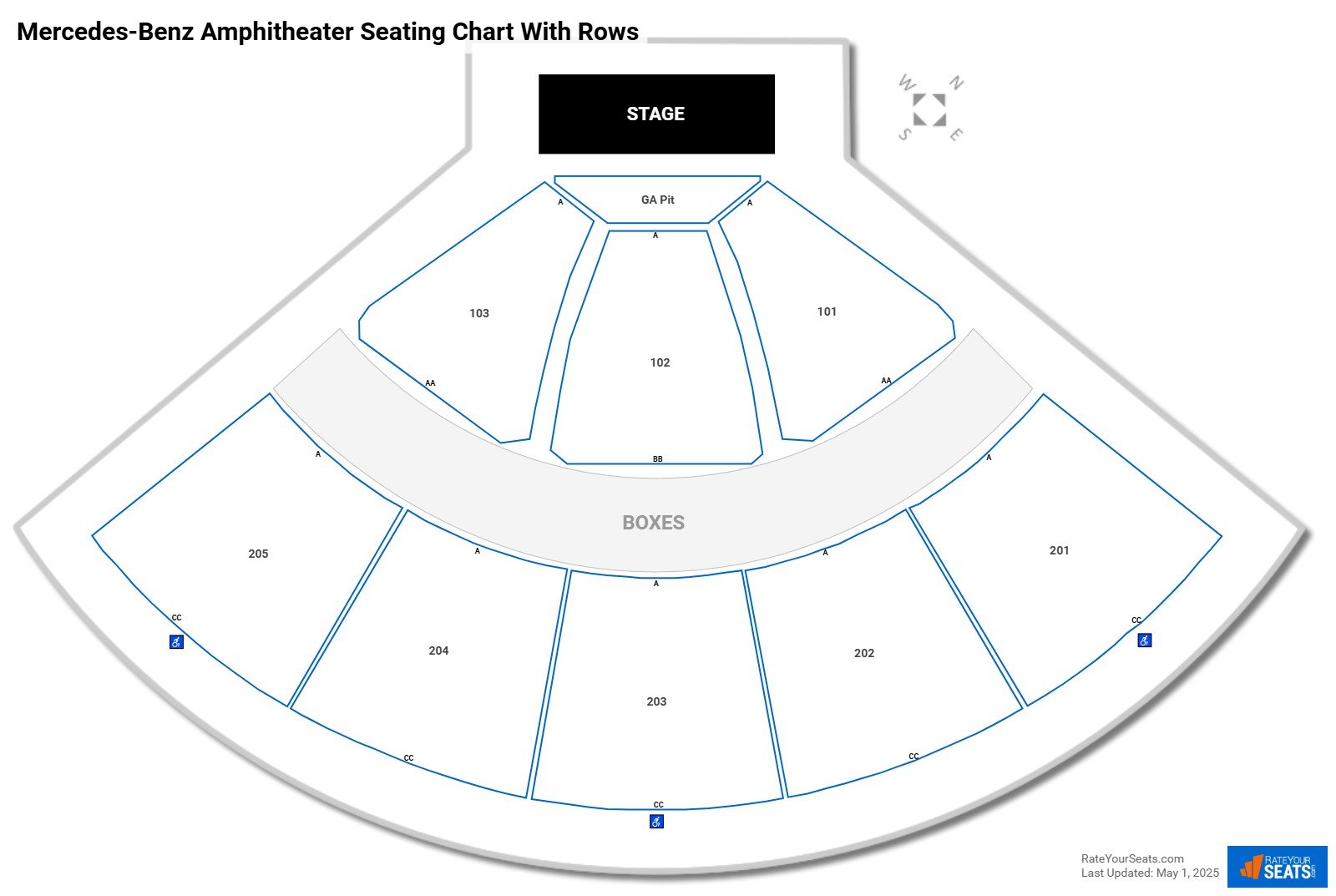 Tuscaloosa Amphitheatre seating chart with row numbers