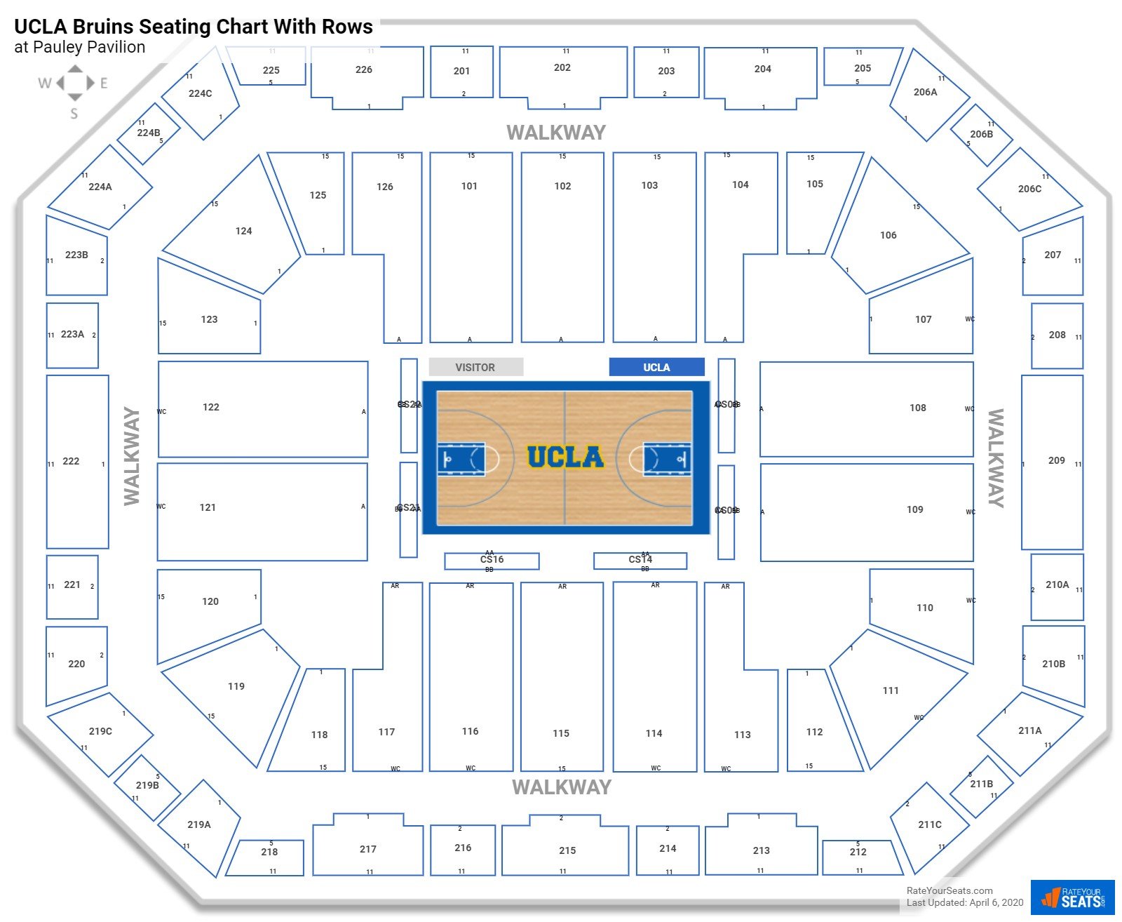 Pauley Pavilion seating chart with row numbers