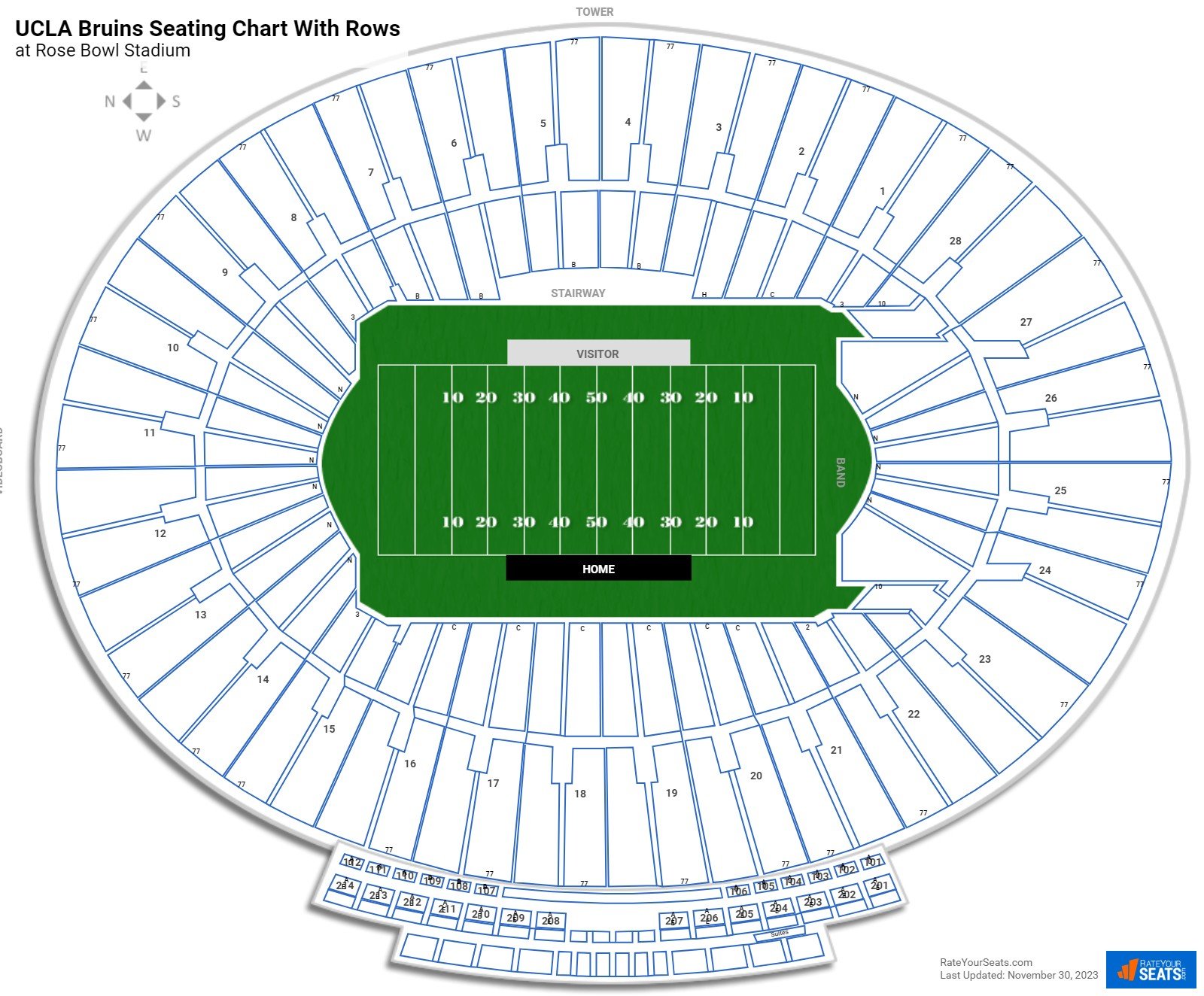 Rose Bowl Stadium seating chart with row numbers