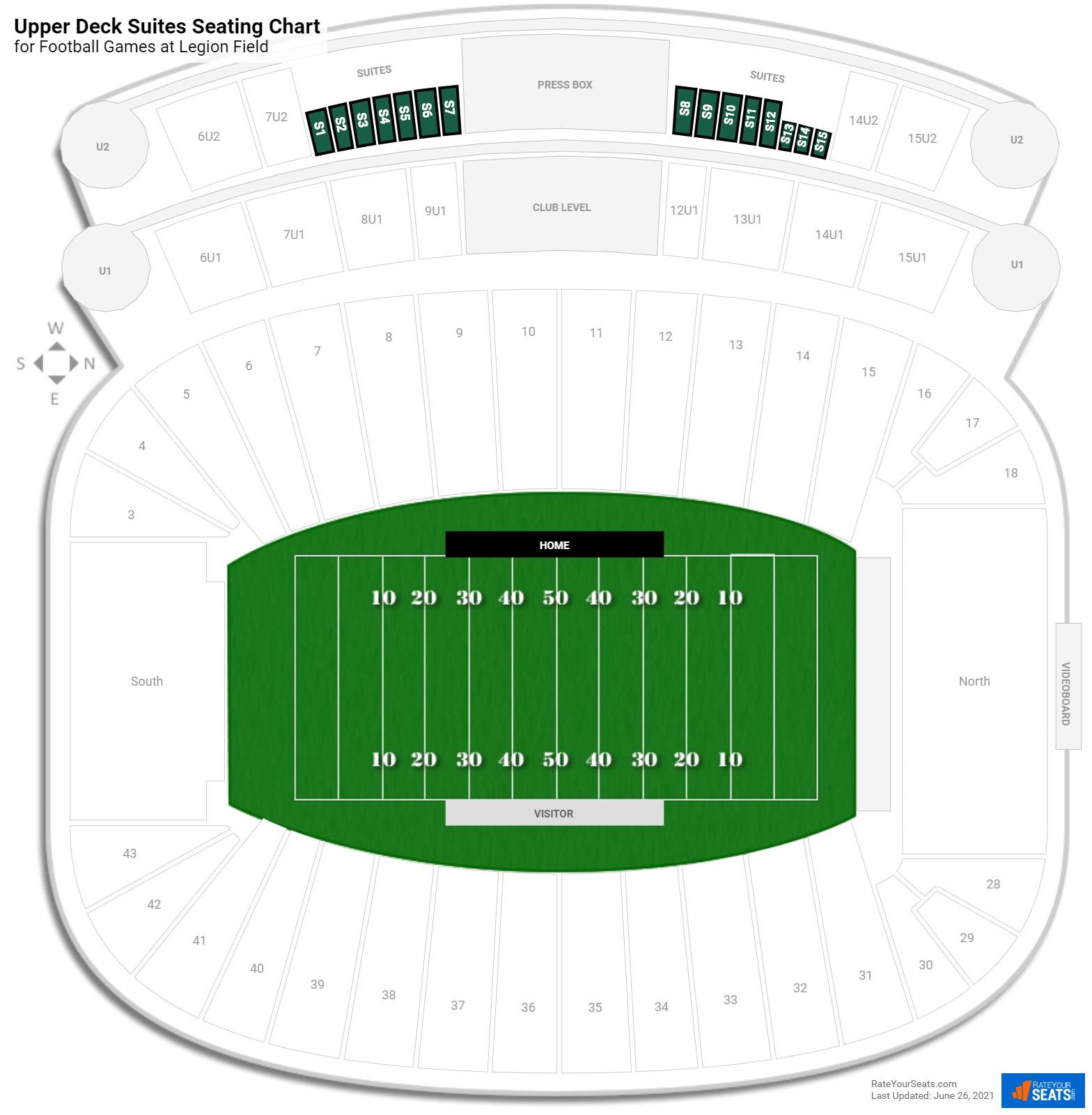 click to enlarge Football Upper Deck Suites Seating Chart at Legion Field